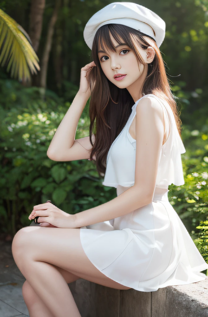 (Best quality, masutepiece, Ultra HD: 1.3), 1girll, Bigchest, Light brown hair, Blunt bangs, hair behind ear, hair over shoulders, Long hair, Slender body type, ultradetail face, Delicate lips, Beautiful eyes, thin blush, The eyes are light brown, perfect glossy shiny skins, Flawless skin, Sparkling sweat, View here, Ultra-thin pointer, Ultra-thin fingers, best ratio four finger and one thumb, (hentail realism:1.3), Finger extension, Transparent white blouse, White sheer tight skirt, Supermodel legs, Low heels. white beret, Eye level shots, chest circumference, 8K,Broadleaf forest