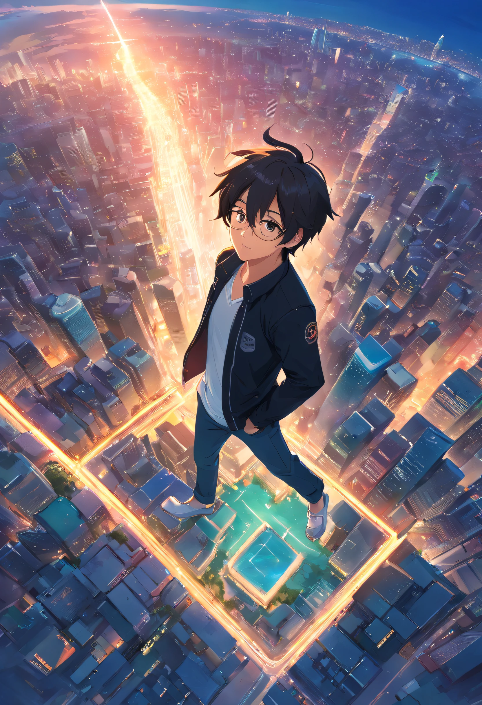 ridiculous resolution, high resolution, (masterpiece:1.4), super detailed, 1boy, seen from above, space, floating, white shirt, black jacket, have some magic, power --v 6