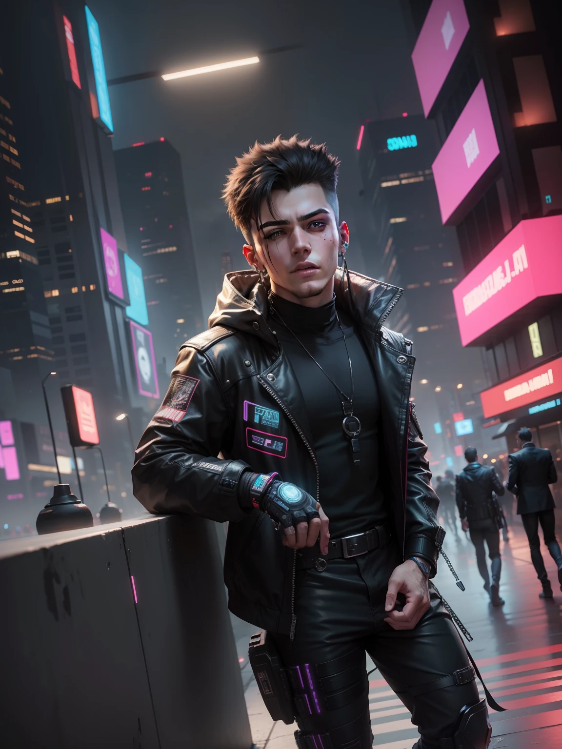 Change background cyberpunk handsome boy, realistic face, ultra realistic