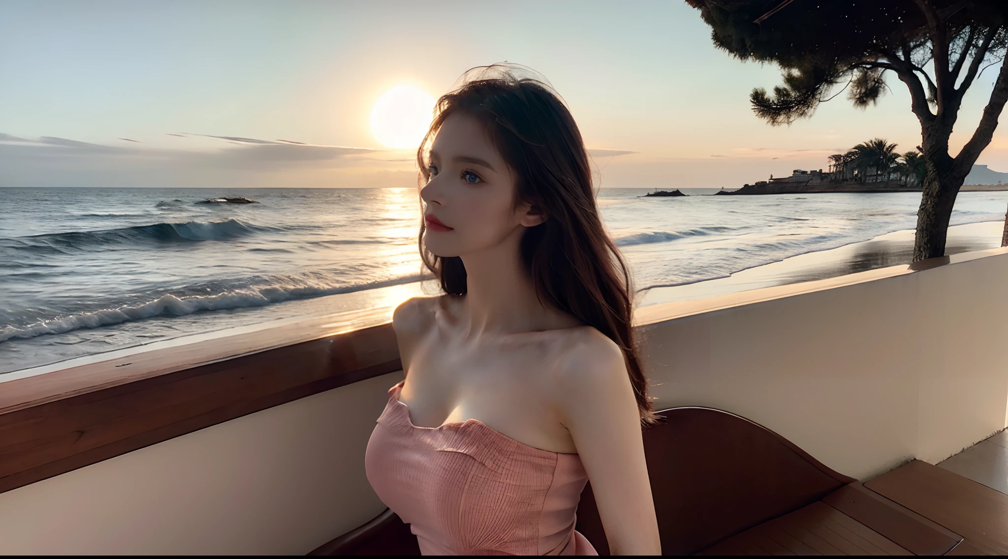 ((Best Quality, 8k, Masterpiece: 1.3)), Focus: 1.2, Perfect Body Beauty: 1.4, Buttocks: 1.2, (Delicate Long Hair)), (Hip Wrap: 1.1), (Ship, Sea: 1.3),, Highly detailed face and skin texture, Delicate eyes, Double eyelids, Whitened skin, wearing necklaces, rings, on ships, sun on people's faces, big breasts