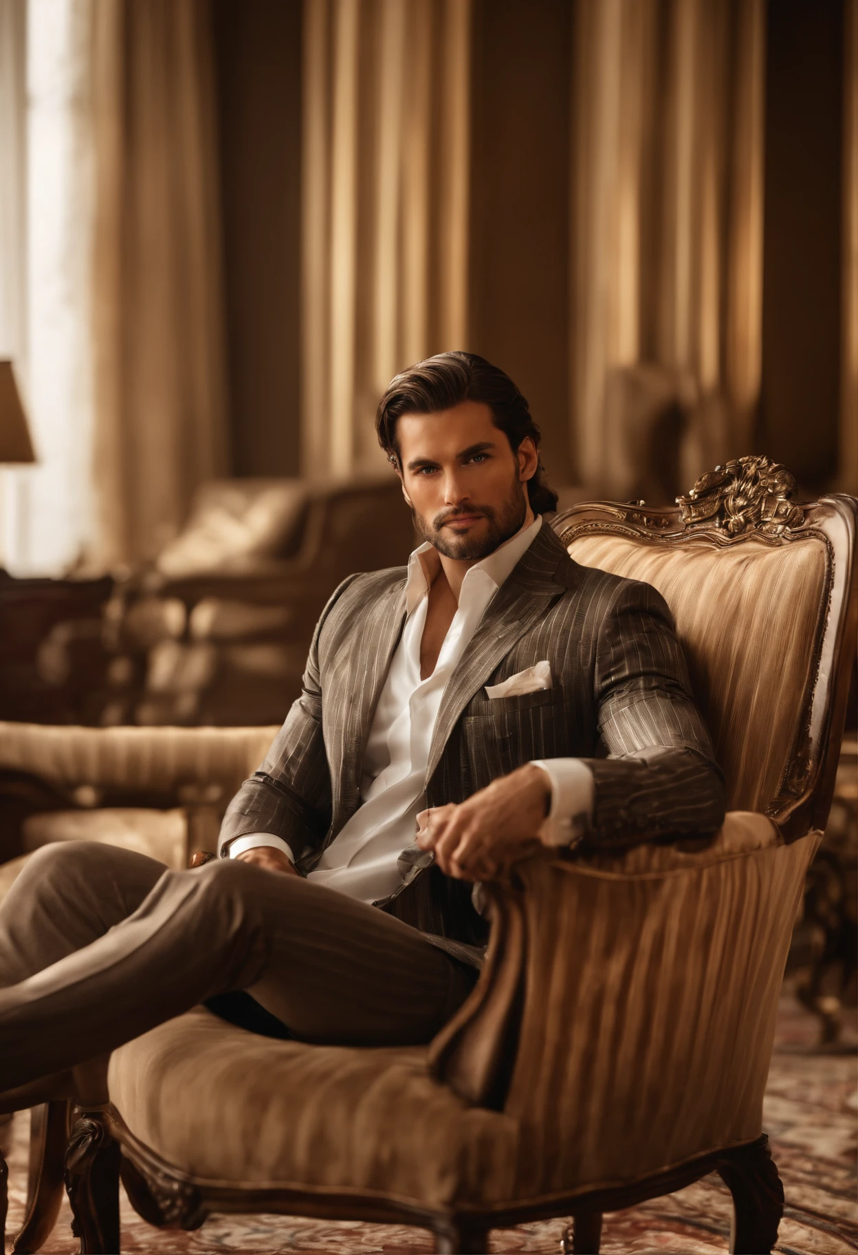 character sitting in a chair with arm raised, dark hair (neck length hair tied in a ponytail), nice pose, handsome man, pretty face, royal elegant pose, business man, (in a striped blazer), (The surrounding environment is a luxurious and classic living room) (sand tone image)