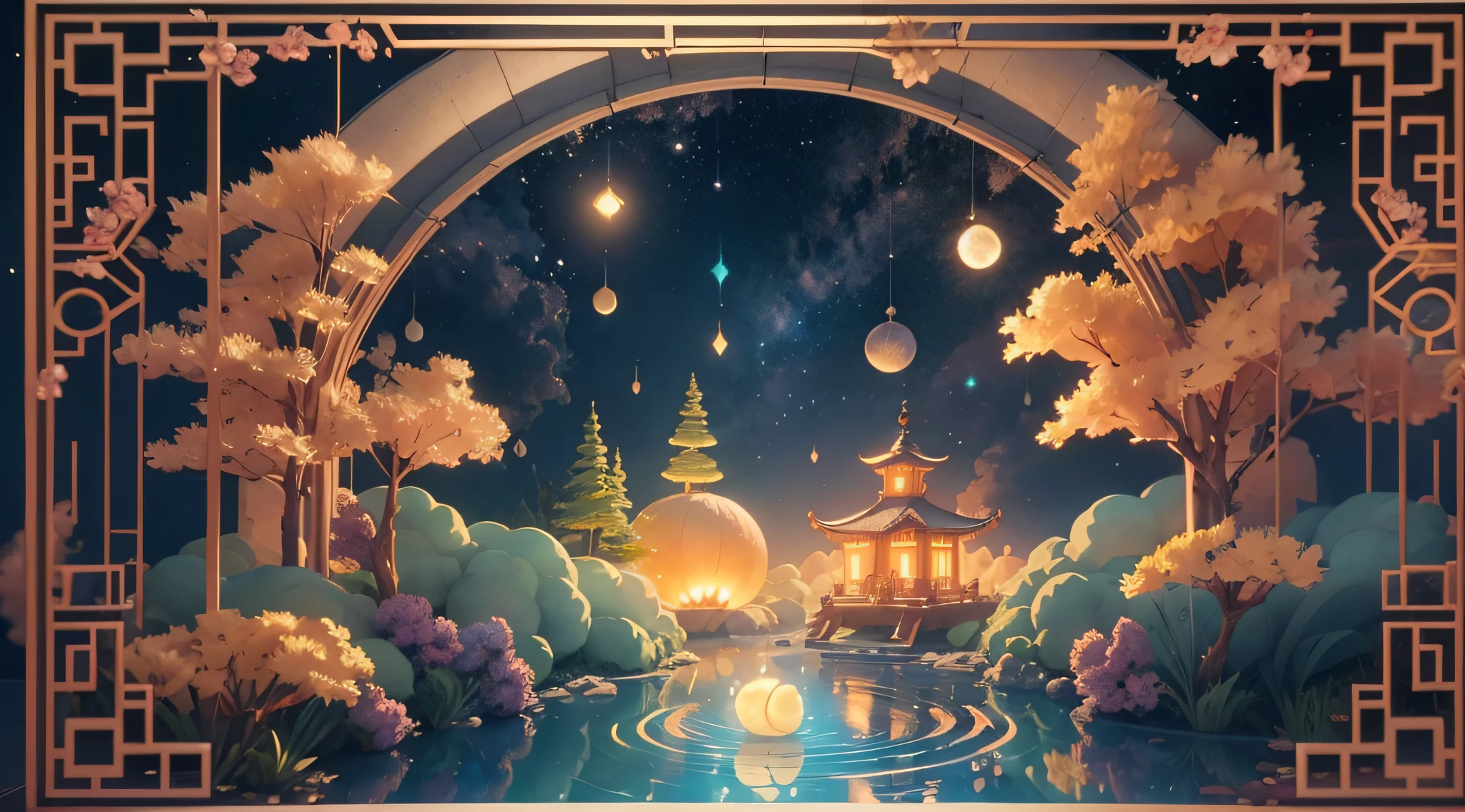 tmasterpiece,Best quality at best,(Very detailed CG unity 8K wallpaper),(Best quality at best),(Huge Full Moon、super moon、In the middle of thepicture)、Cloud、aquarelle、lakes、As estrelas、meteors、poster for、Mid-Autumn Festival、(adorable rabbit,Multiple rabbits),(with light glowing),(glowworm),(Particle effect), Isometric 3D, Octane rendering, Ray traching, ultra-detailliert