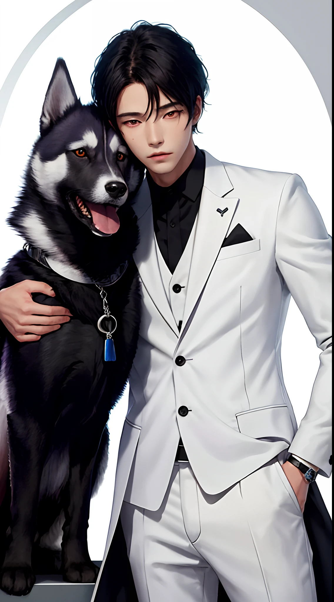 1male,red eyes,White suit,black color hair,There is a husky next to him
