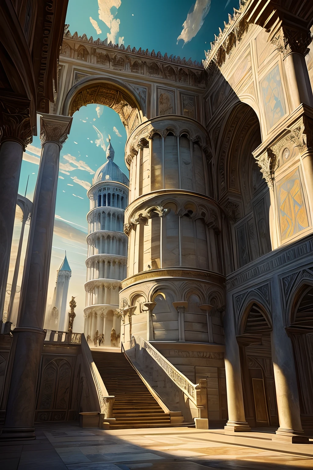 (towering fantasy world art,tower of pisa inspired design,8k details,masterpieces:1.2),(best photography,luxury travel,historical monuments,iconic landmarks),(ornate structures,majestic architecture,impressive grandeur,awe-inspiring structures),(spiral staircase,gargoyles,arches and columns,majestic domes).(lavish interiors,magnificent halls,stunning mosaics,exquisite frescoes),(vivid colors,dramatic lighting,soft pastels),(best photography techniques,ultra-detailed,high resolution,expertly composed),(trending art stations,creative masterpiece,famous art styles,inspiring contemporary art),(artistic interpretation,magical atmosphere,fantastical elements,dreamlike scenery)