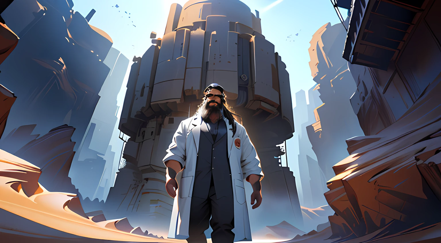 (1 person:1) (Medium long hair, big beard, middle-aged man, wearing a lab coat, returns from a barren region in Nebraska, USA)(Background: A desert-like landscape),(masterpiece:1,2), best quality, masterpiece, highres, original, extremely detailed wallpaper, perfect lighting,(extremely detailed CG:1.2),