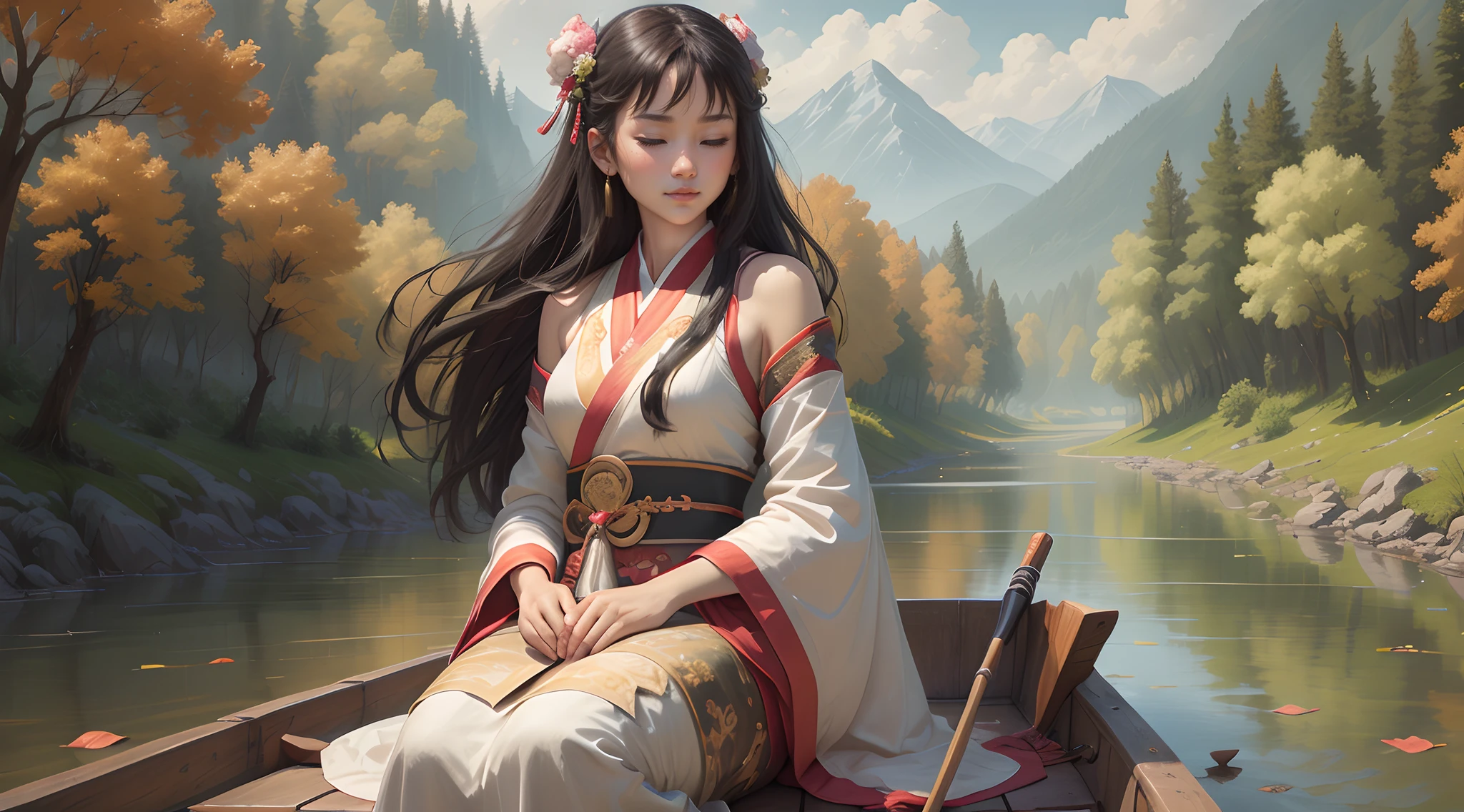 Girl in Hanfu, Flute in hand, Sit on a flat boat, Boating on the river, Ancient trees on both sides of the riverbank, The banks of the river are continuous mountains, Landscape painting, Danqing painting, Black hair, Long hair, kanzashi, Moles under eyes, Semi-closed Eyes, Light smile, Genre painting, Silhouette, Sony FE GM, hyper HD, retinas, Masterpiece, ccurate, Anatomically correct, Textured skin, Super detail, High details, High quality, Award-Awarded, Best quality, A high resolution, Masterpiece