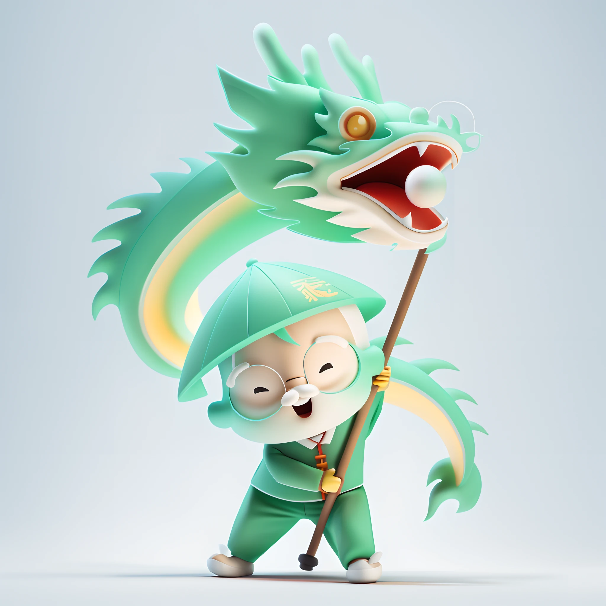 Cartoon grandpa dancing dragons，3Drenderingof，3D illustration