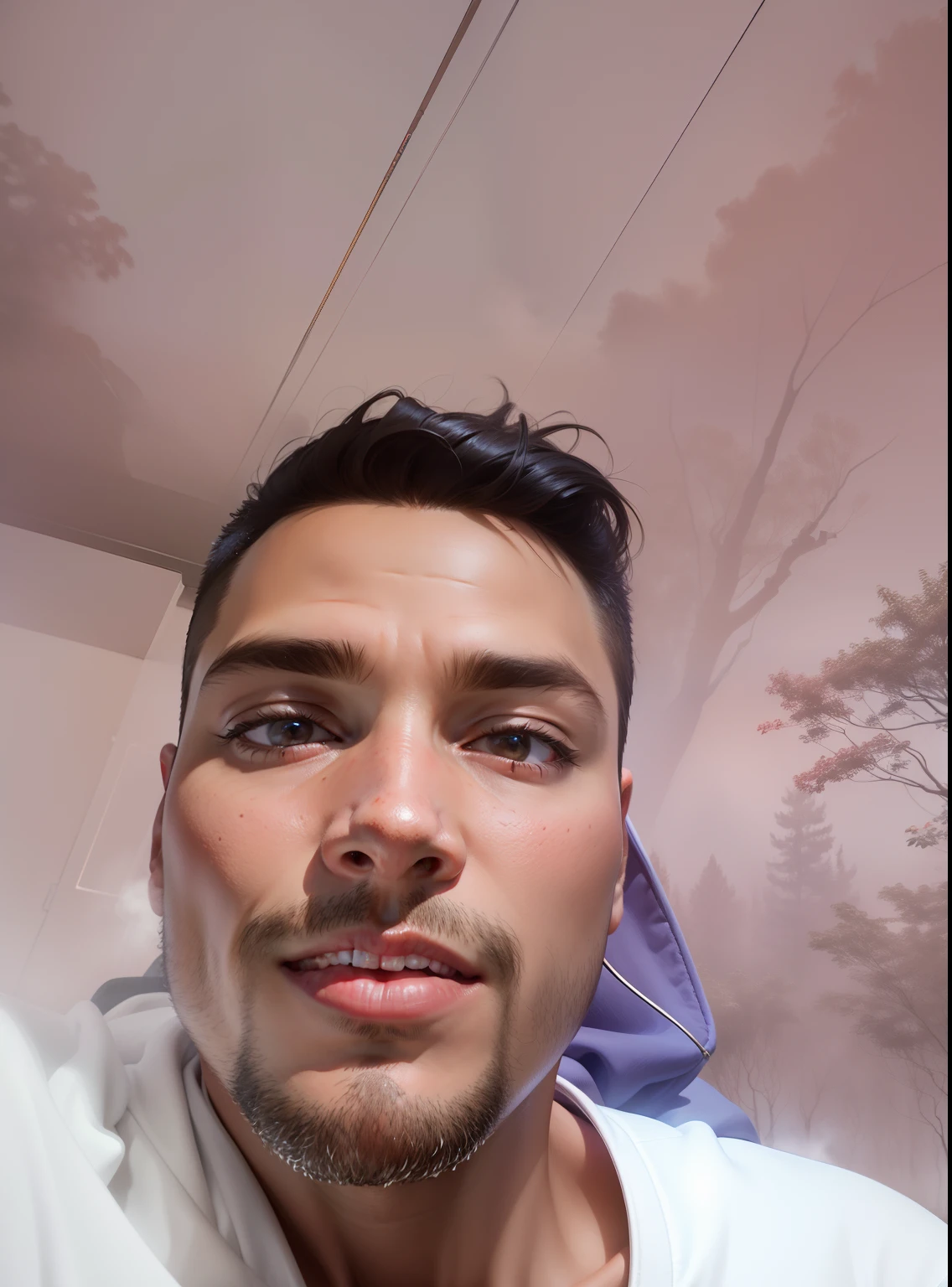 Make this guy play electric guitar in the middle of a foggy forest wearing a hoddie looking hyper realistic with cinematic color grading