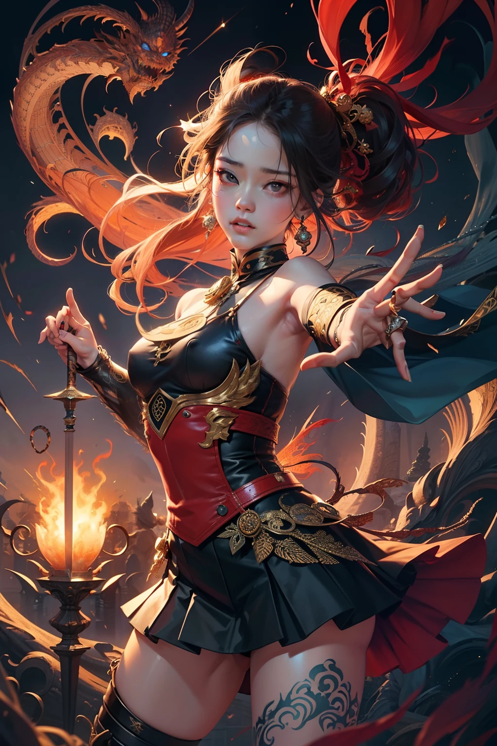 Official art、unity 8k wall paper、ultra-detailliert、Beautifully Aesthetic、masterpiece、top-quality、(Zentangle、a Mandala、Tangles、Tangles)、(Fractal Art:1.3)、One girl、ighly detailed、Dynamic angles、Cowboy Shots、The most beautiful forms chaos、elegent、Red Talist Design、Vibrant colors、romantism、James Jean、roby dwi antono、by Ross Tran、Francis Bacon、Michal Muratz、Adrian Guyney、petra cortright、Gerhard Richter、Takato Yamamoto、Ashley Wood、Atmosphere、ecstasy musical notes、Streaming music notes are visible,The sword、Sword Strike Pose、Combat stance、God of War、The dragon、