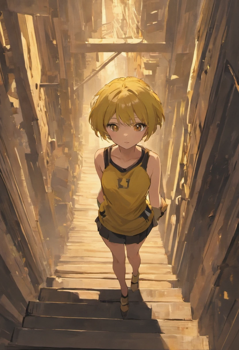 (super fine illustration), (masterpiece),best quality, ultra high res, beautiful woman in front of stair, short hair, yellow eyes, sleeveless shirt, armpit, abandoned and desolate building, Nostalgic and melancholic atmosphere