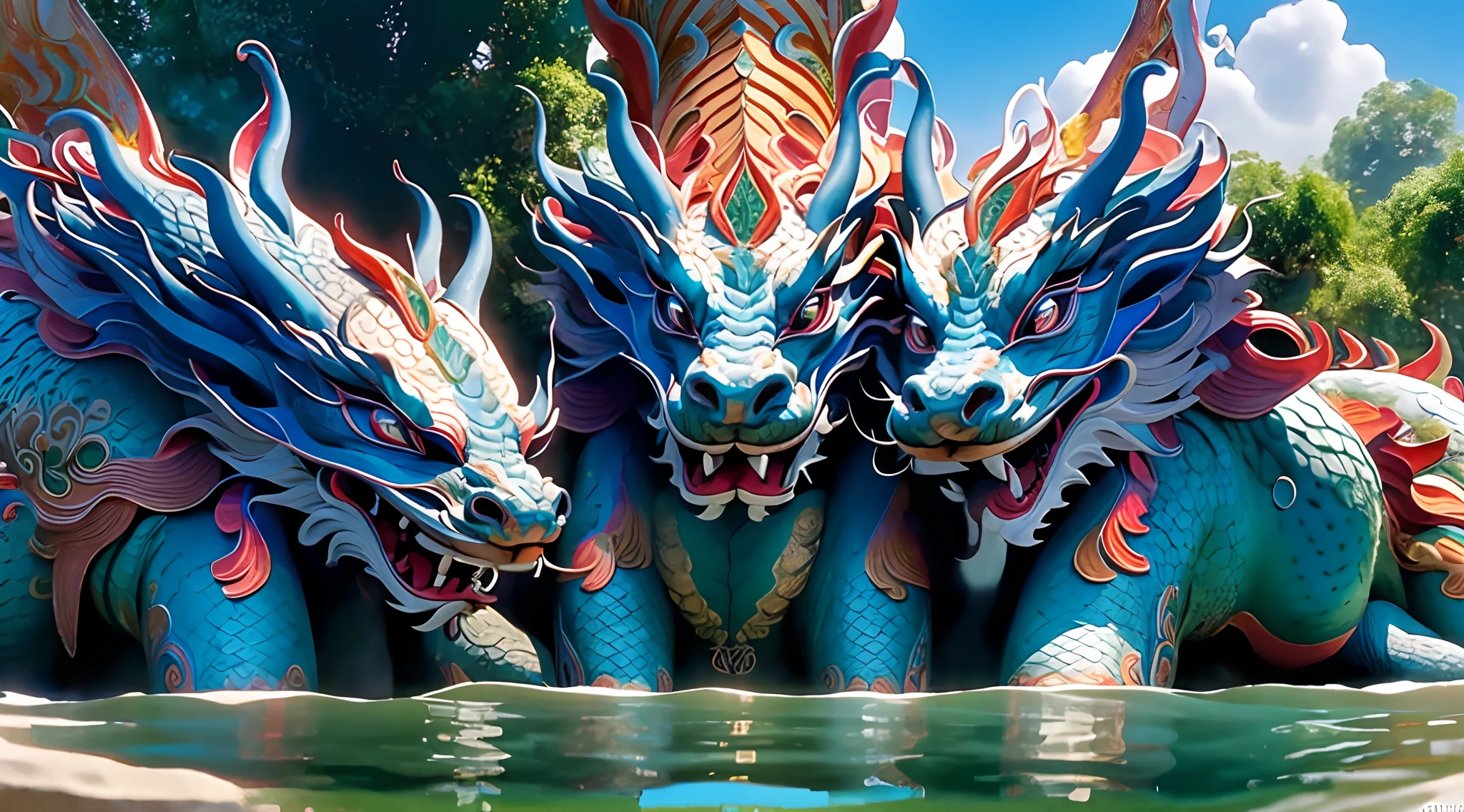 The Traditional Lao architecture is full of those strange multi-heads dragons. They are called Nagas swimming in water lake. This ancient symbol come from the Buddhist mythology,8k hyperrealistic resolution quality u l. masterpiece