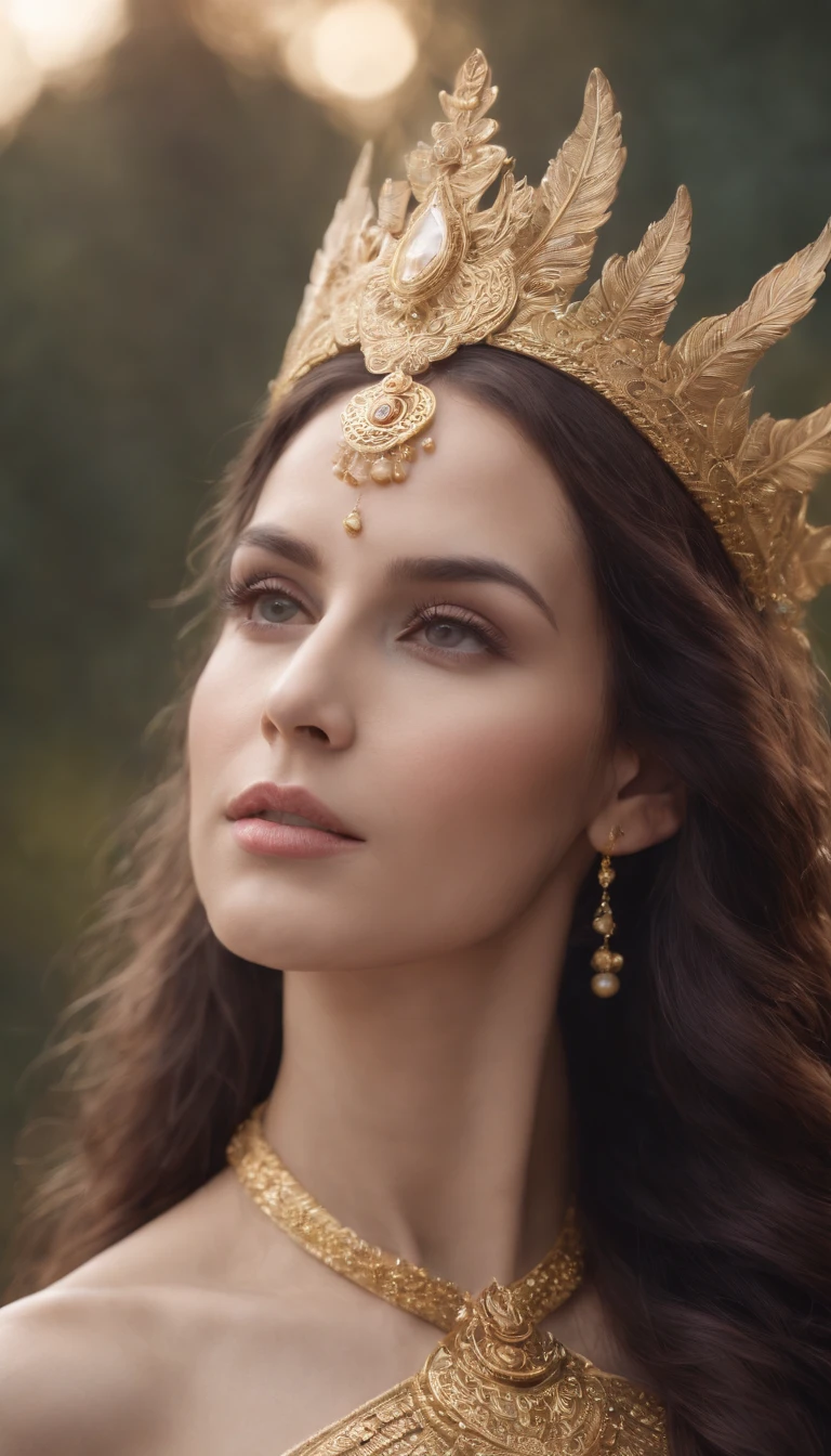 Generate a majestic image of a divine-looking goddess, surrounded by an aura of power and grace, emanating wisdom and strength around you