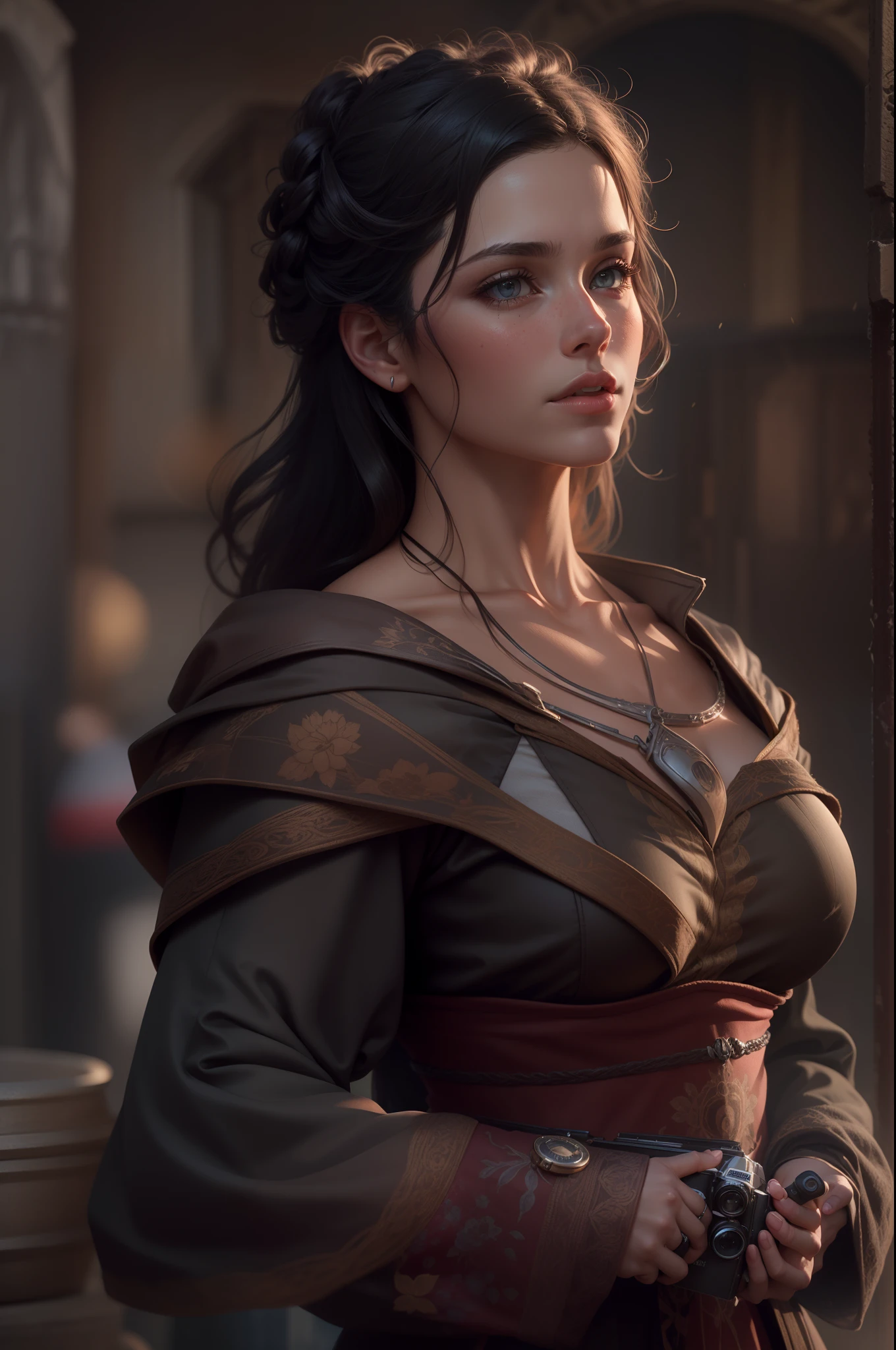 Uma mulher adulta com 30 anos, morena com cabelos pretos muito longos, medieval, forte, imagem de corpo inteiro, corpo atletico, Realistic, imagem de alta qualidade, 4k, Ultra HD |, ((master part))), (((melhor qualidade))), ((ultra-detalhado)),(Highly detailed CG illustration), Cinematic light, Camera: Choose an angle that highlights the beauty of the character. resolution: Aim for a high-resolution artwork to showcase intricate details and clarity.
