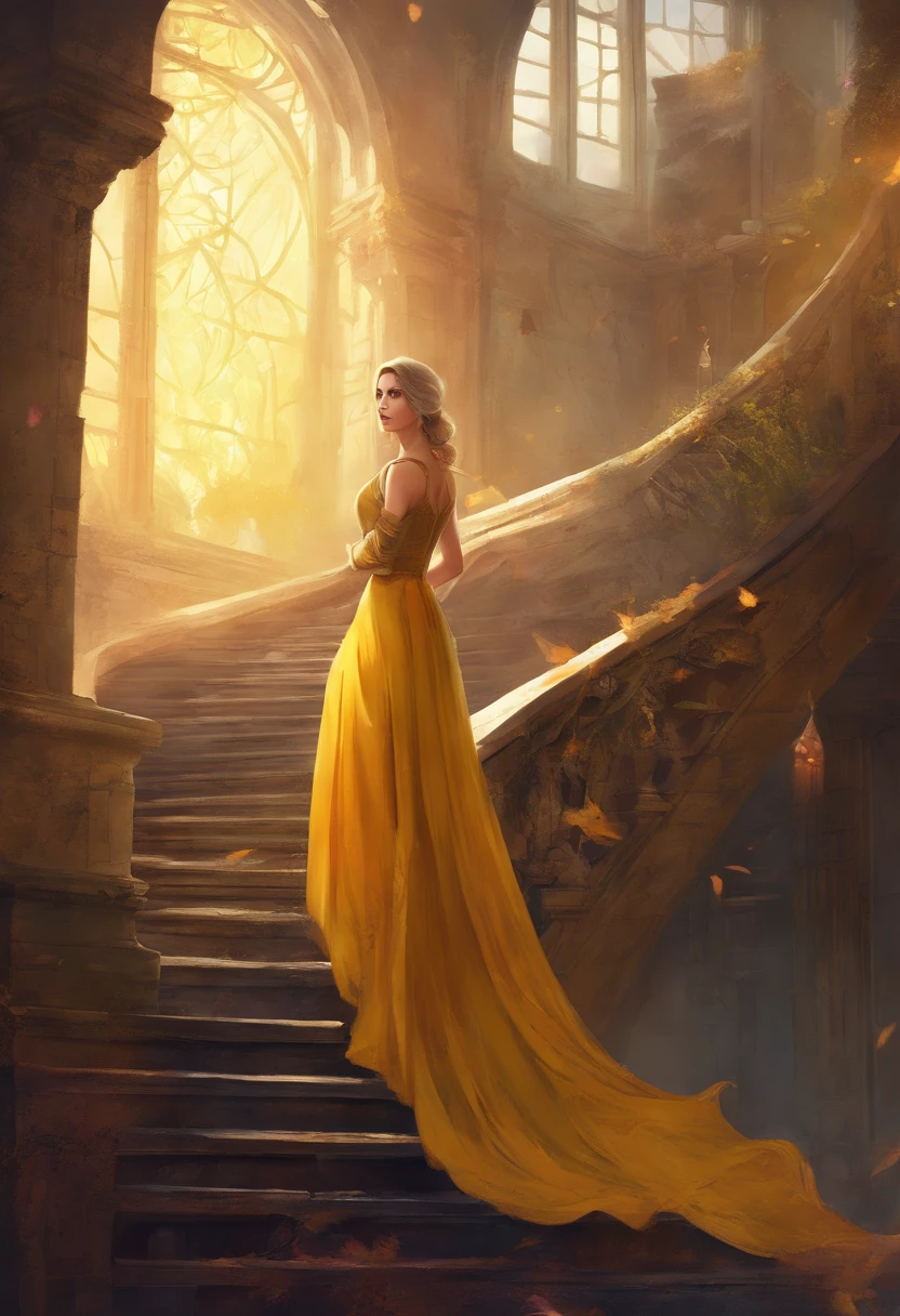 (super fine illustration), (masterpiece),best quality, ultra high res, beautiful woman in front of stair, short hair, yellow eyes, sleeveless shirt, abandoned and desolate building, Nostalgic and melancholic atmosphere