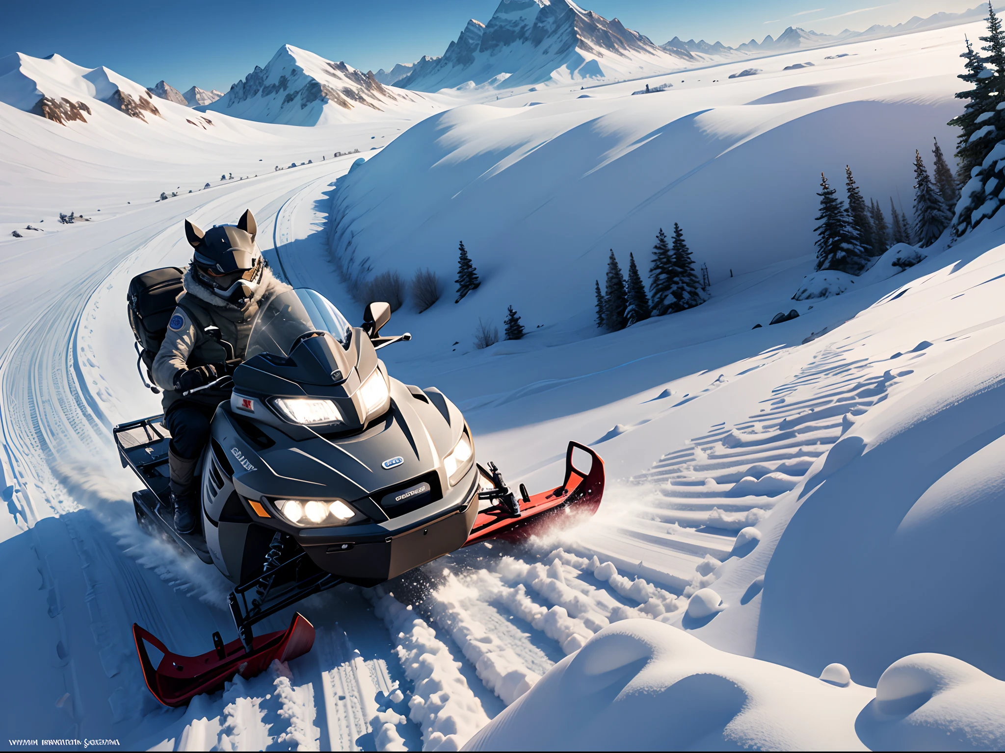 Totoro speeding on a snowmobile through a snowy mountain, masutepiece, Super Detail, Best Quality