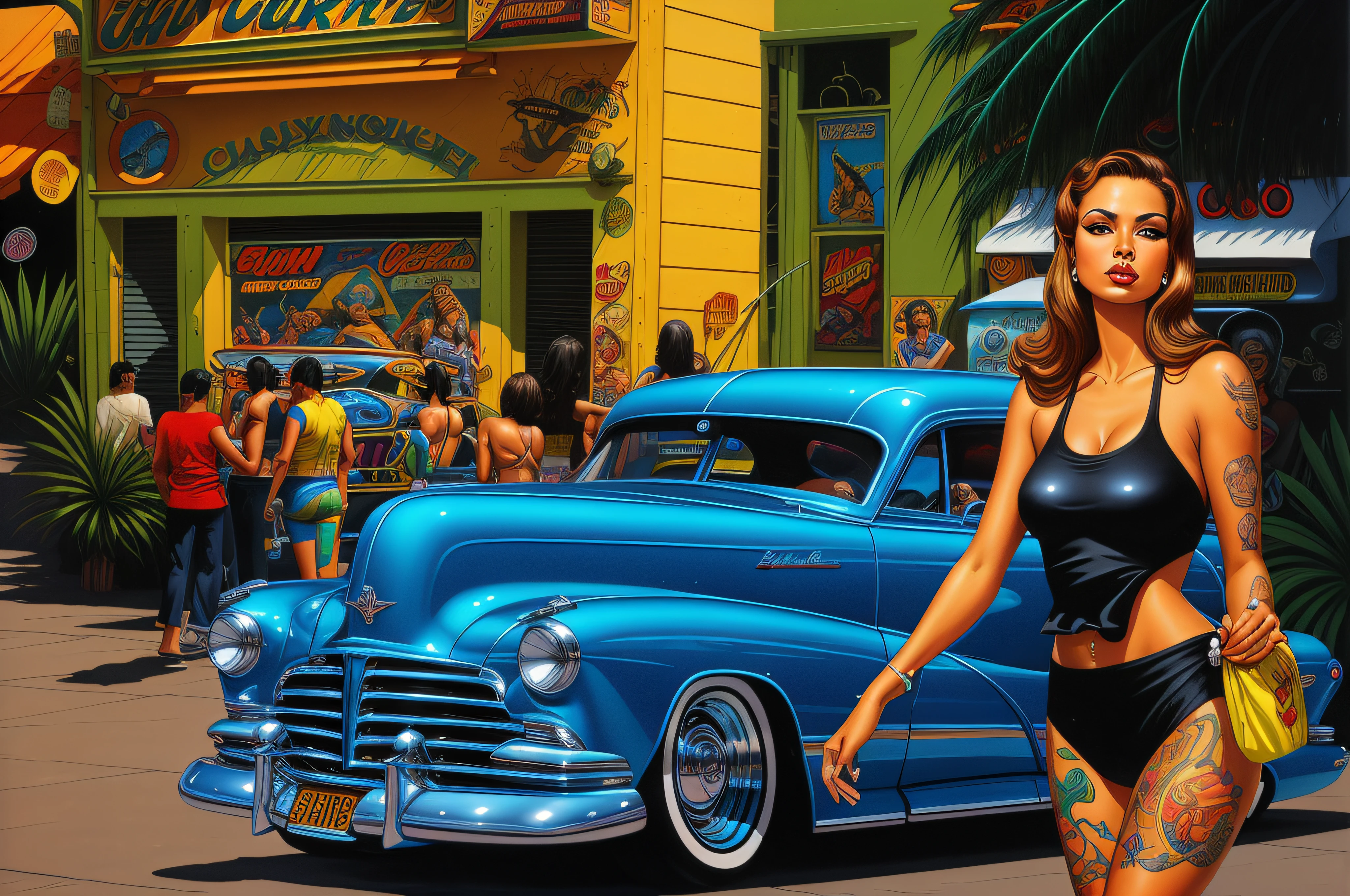 painting of a woman in a bikini walking down the street, chicano airbrush art, standing in front of lowrider, swagger! lowrider culture, lowrider style, lowriders, jim warren, lowbrow art style, james gurney painting style, by Art Fitzpatrick, by Howard Lyon, beautiful retro art, arte lowbrow style, greg hildebrandt highly detailed
