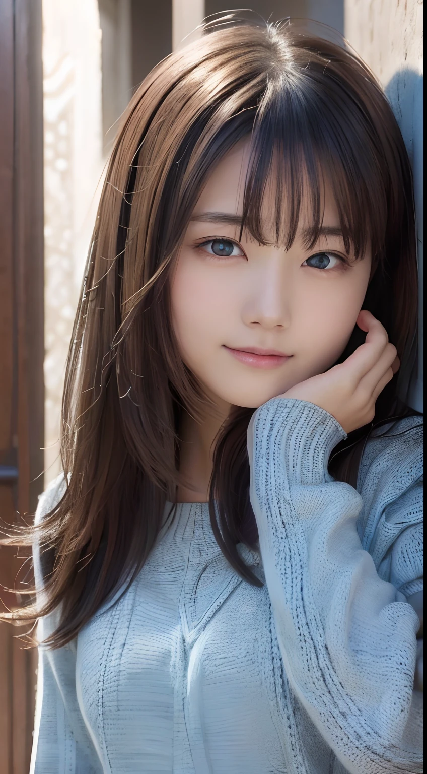 masterpiece, 1 beautiful girls, detaileds, Swollen eyes, top-quality, 超A high resolution, (Realistis: 1.4), OriginalPhotographs, 1Girl, 电影灯光, a smile, japanes, Asian beauty, Proper, very extremely beautiful, Young face, Beautiful skins, slender, simple background, (A hyper-realistic), (illustratio), (hight resolution), (8K), (ighly detailed), (The best illustrations), (beautifully detailed eyes), (ultra-detailliert), (wall-paper), (详细的脸), looking at the viewers, fine detailed, A detailed face、deep-shadows、Unobtrusive、pureerosfaceace_v1、Smile、46-point diagonal bangs、(Facing straight ahead)、Neat Clothing、Black colored eyes、