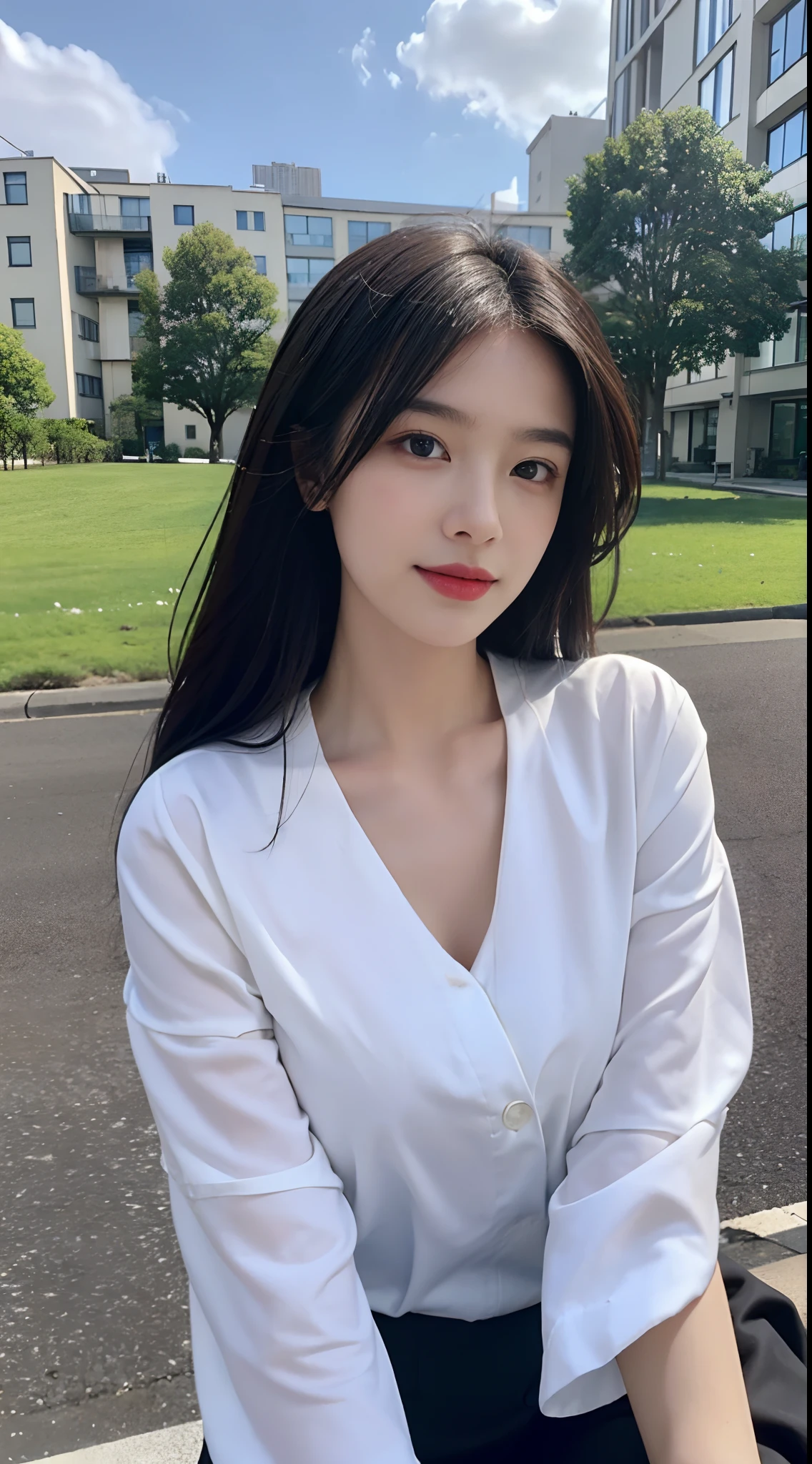((Best Quality, 8K, Masterpiece:1.3)), A beautiful girl, pure, melon face, gentle and cute, sweet smile, pure desire, thin figure, (frontal), (tilted head), looking directly at the camera, uniform, obi, formal, black silky long straight hair, long hair flowing over the shoulders, round black big eyes, clear big eyes, moist red lips, sweet, sitting on the side of the road, blue sky and white clouds, grass, buildings,