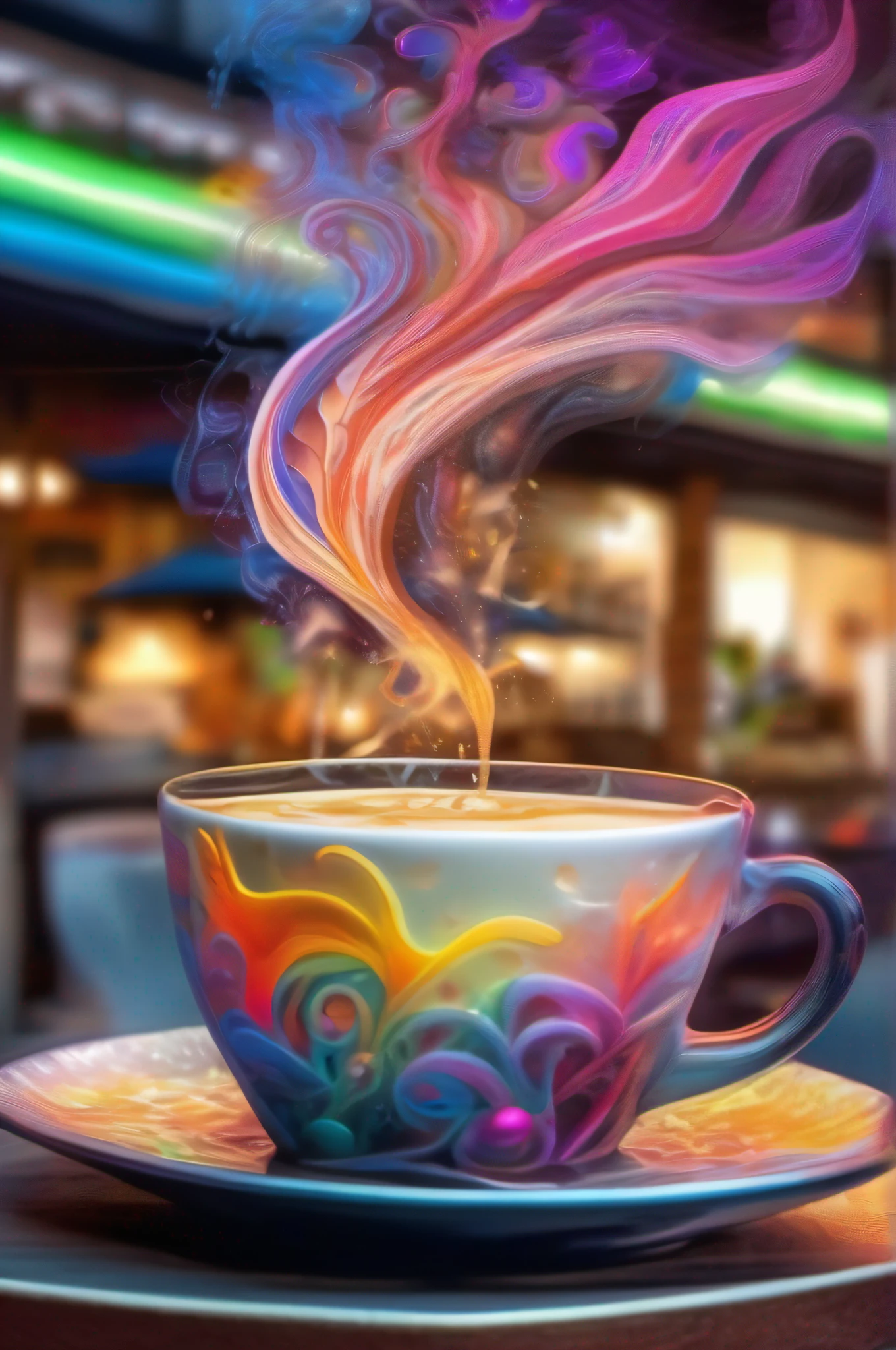 Magical neon water color latte art, intricate design, steam rising from the cup, cozy cafe in the background in layered paper art style, multi colored. --seed 777, Ultra HD, photorealistic, 32k, --AR 16:9, --v 5.2, -- s 55, --CHaos 31