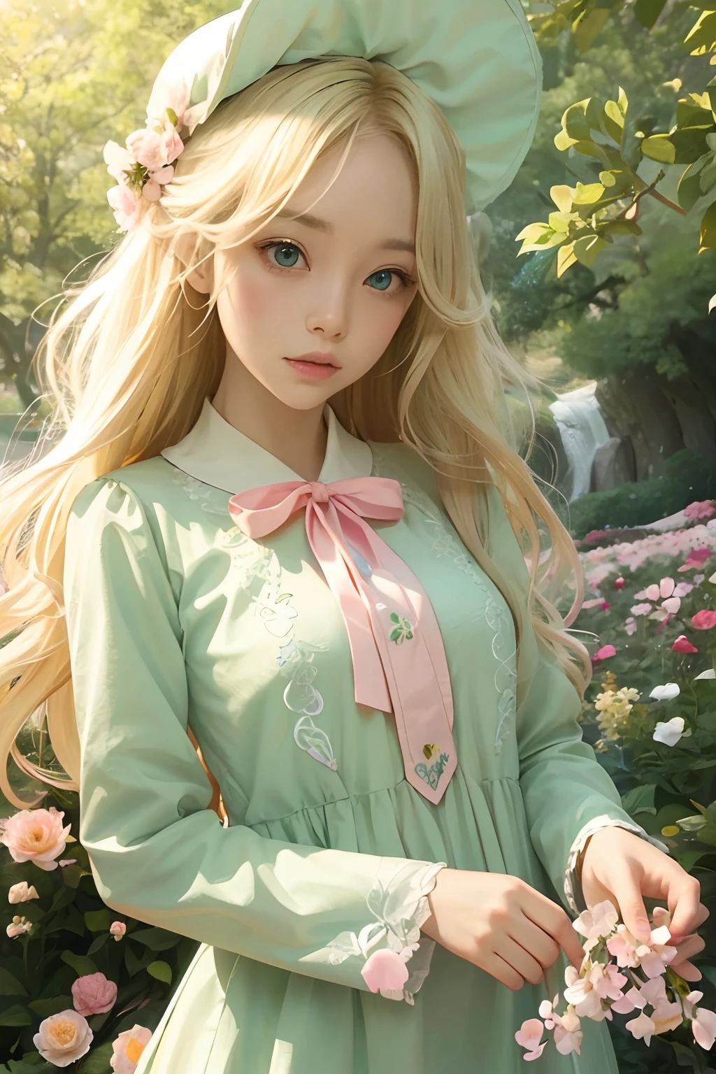 1girll，Wavy blonde hair，long whitr hair，bluntbangs，Green eyes，Pink dress，Fine eyes and detailed face，Extremely detailed Cg Unity 8K wallpaper，intricately details，Break，Kaleidoscopic image、Symmetrical pattern、vivd colour、geometric shapes、flattering design、optical illusions、Dynamic composition break、The art of pantomime、Expressive body language、Silent storytelling、Evocative gestures、Visual storytelling、Theatrical performances break free、flowers in full bloom、Colorful petals、Fragrant smell、Nature's gift，Vibrant garden，peaceful scenery