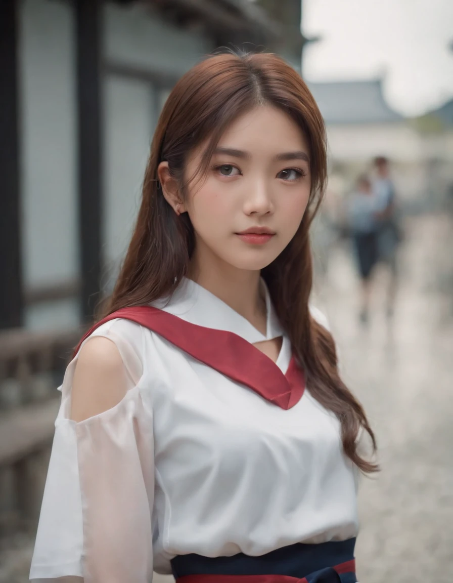 ((upper body))，best quality, 1girl, long hair, beautiful eyes, ((japanese school shirt)), sailor collar, neckerchief, short sleeves, white skirt, ((upper body)), standing, outdoors, cityscape, streets, buildings