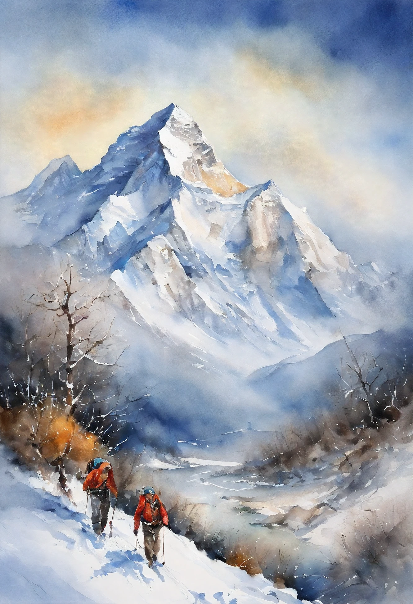 ink and watercolor painting、Winters、snow mountains、Mount Everest、First ascent of Mount Everest、crew、Mountaineering teams、the wind、yuki、
