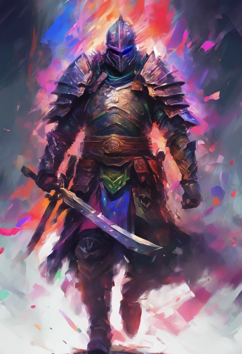 3d watercolor abstract,dark background,high resolution,high quality,colorful,green,red,blue, Strong Male,Paladin Knight,walking,helmet on, Centered,purple scarf, Looking at the camera, Facing the camera, Approaching perfection, Dynamic, Highly detailed, Smooth, Sharp Focus, 8K, hight resolution, Illustration, art by carne griffiths and wadim kashin, White background, black text in background titled "For Honor"