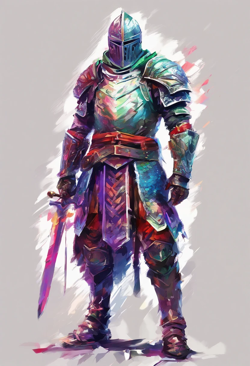 3d watercolor abstract,dark background,high resolution,high quality,colorful,green,red,blue, Strong Male,Paladin Knight,walking,helmet on, Centered,purple scarf, Looking at the camera, Facing the camera, Approaching perfection, Dynamic, Highly detailed, Smooth, Sharp Focus, 8K, hight resolution, Illustration, art by carne griffiths and wadim kashin, White background, black text in background titled "For Honor"