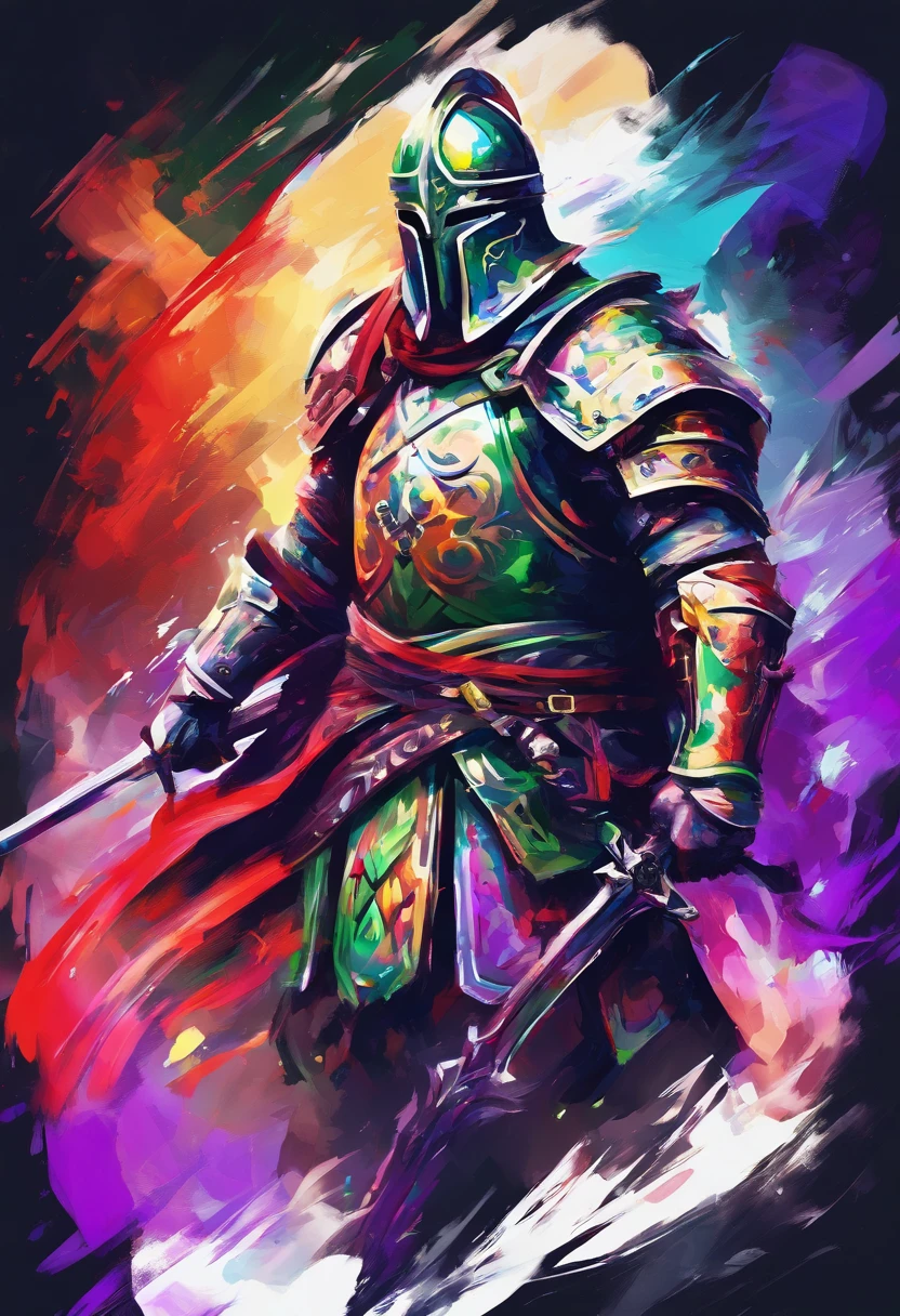 3d watercolor abstract,dark background,high resolution,high quality,colorful,green,red,blue, Strong Male,Paladin Knight,walking,helmet on, Centered,purple scarf, Looking at the camera, Facing the camera, Approaching perfection, Dynamic, Highly detailed, Smooth, Sharp Focus, 8K, hight resolution, Illustration, art by carne griffiths and wadim kashin, White background, black text in background titled "For Honor"