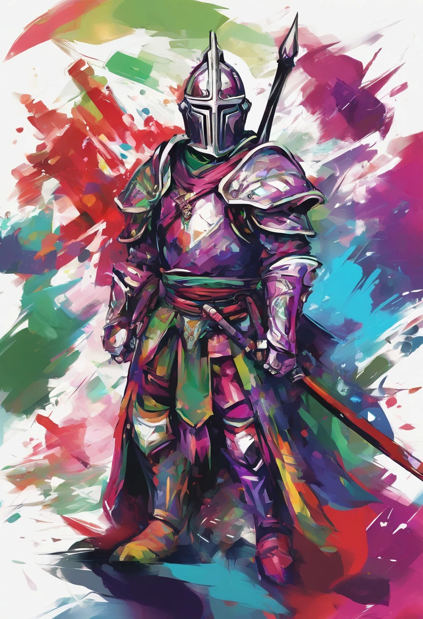 3d watercolor abstract,dark background,high resolution,high quality,colorful,green,red,blue, Strong Male,Paladin Knight,walking,helmet on, Centered,purple scarf, Looking at the camera, Facing the camera, Approaching perfection, Dynamic, Highly detailed, Smooth, Sharp Focus, 8K, hight resolution, Illustration, art by carne griffiths and wadim kashin, White background, black text in background titled "For Honor"