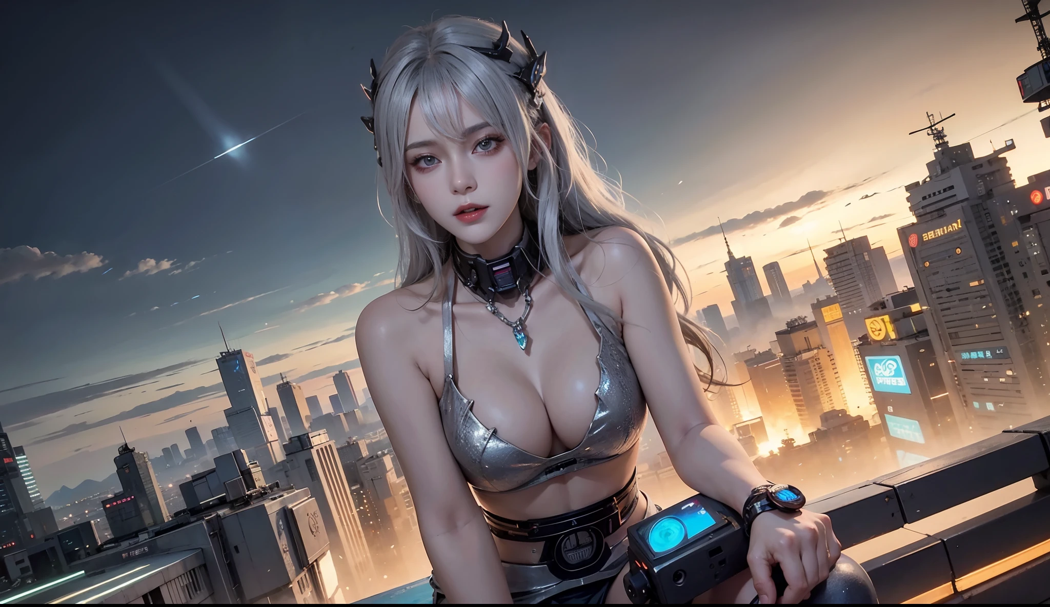 A silver-haired woman sits on the wall， anime cyberpunk art， cyberpunk anime art， female cyberpunk anime girl， cyberpunk anime girl， Fantastic cyberpunk girl， cyber punk Girl， anime cyberpunk， cyberpunk beautiful girl， Digital cyberpunk anime art， a teen cyberpunk cyborg， neonpunk， Miss Seiburg， high quality cyberpunk art， Anime cyberpunk moderno，machine arm, Solve the problem correctly，Sci-fi headdress, Exquisite sci-fi set，Intricate garment details，Bioluminescence system，Raised sexy，Feminine expression，Ray traching，NVIDIA RTX，Hyper-Resolution，Unreal 5，sub surface scattering，PBR Texture，Post-processing，Anisotropic filtering，depth of fields，Maximum clarity and sharpness，Many-Layer Textures，Albedo e mapas Speculares， Surface coloring，Accurate simulation of photo-material interactions，perfectly proportions，rendering by octane，twotonelighting，Low ISO，White balance，trichotomy，largeaperture，8K original，High-Efficiency Sub-Pixel，filmgrain，Luminous Particle，facing at camera，looking toward the viewer，Golden section，8 k hd wallpaper。