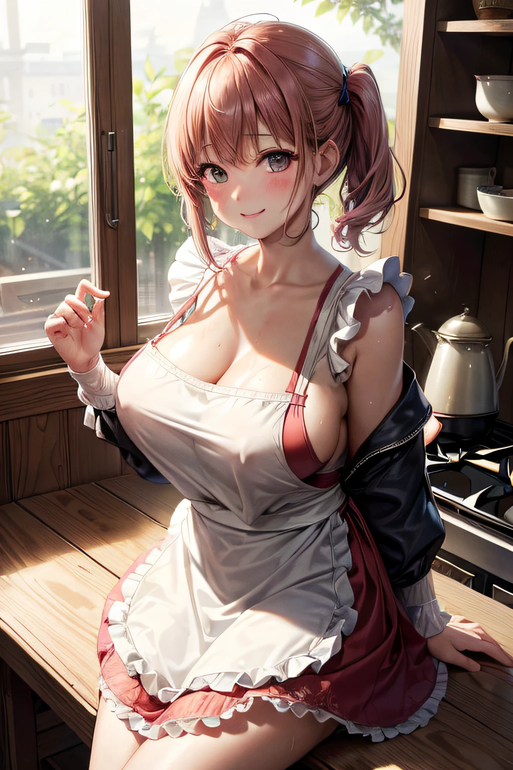 Blushing cheeks、shyly smile、(The 8k quality、Real masterpieces)、(beautiful a girl)、(short hair of red-brown color、hair pin、poneyTail、Floating hair、)Colossal tits、barechested、(((Large size white lace apron on bare skin,、)))、Blush with embarrassment、Enraptured eyes、A smile that beguiles the viewer、Lean forward with your elbows on the kitchen table、Look into the photographer、skin glistening with sweat、gazing at viewer、