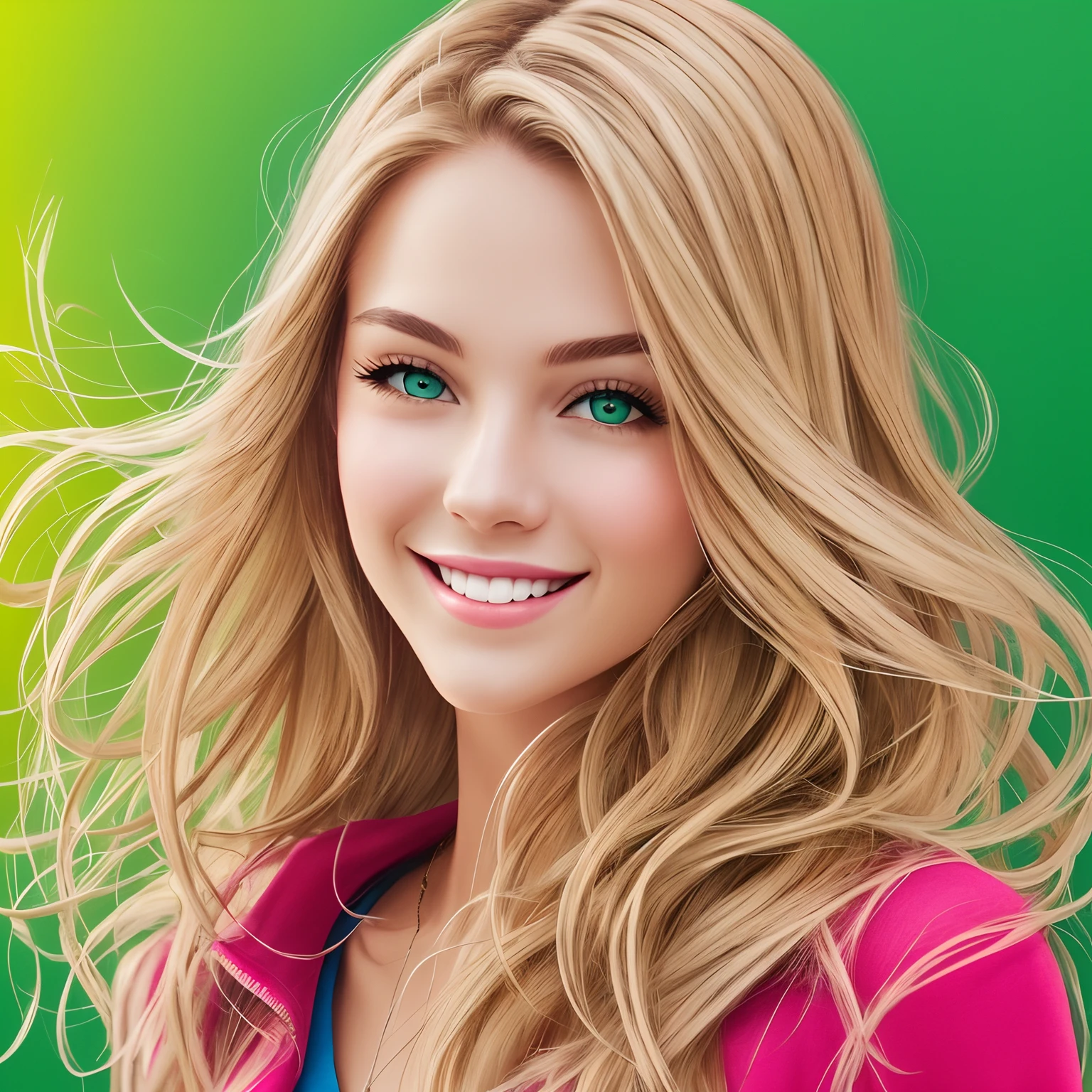 Create a green background featuring a charming blonde woman with a radiant smile, using a mix of neon, primary and soft colors for specific details, ensuring realistic details with techniques such as highlighting, reflective lighting and blending. --auto --s2