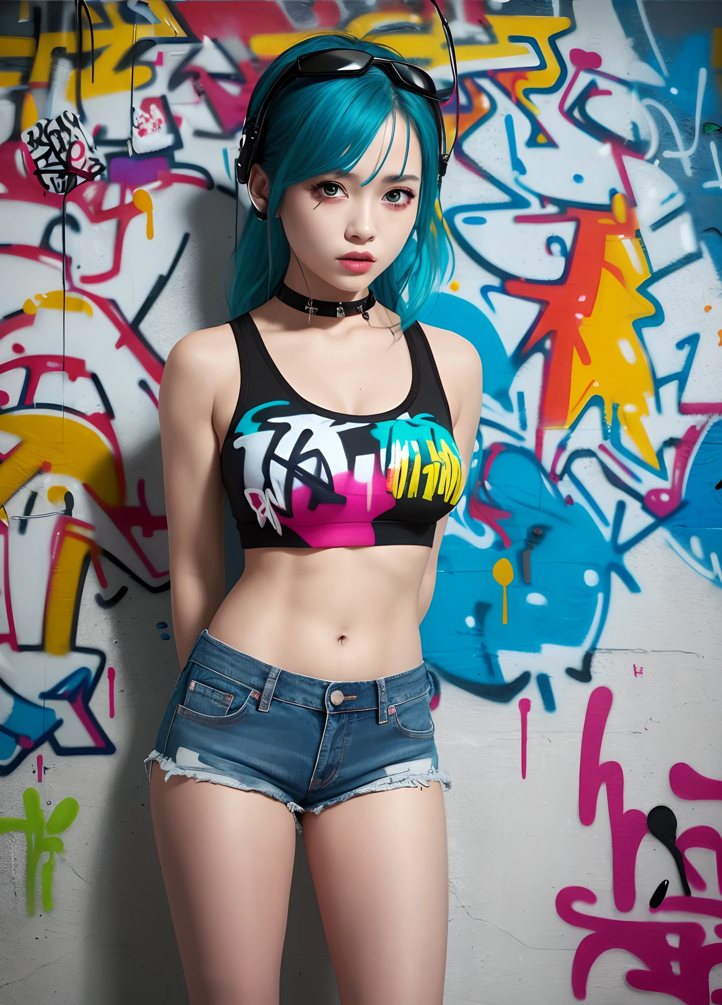 masterpiece, best quality, 1girl, solo, crop top, denim shorts, choker, (graffiti:1.5), paint splatter, arms behind back, against wall, looking at viewer, armband, thigh strap, paint on body, head tilt, bored, multicolored hair, aqua eyes, headset