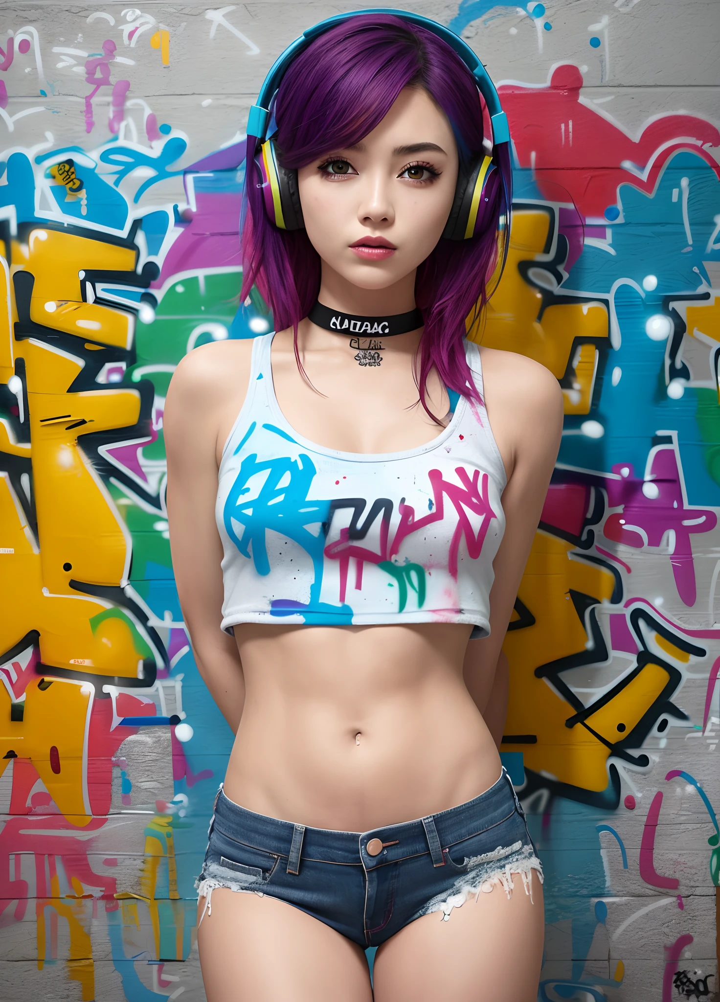 masterpiece, best quality, 1girl, solo, crop top, denim shorts, choker, (graffiti:1.5), paint splatter, arms behind back, against wall, looking at viewer, armband, thigh strap, paint on body, head tilt, bored, multicolored hair, aqua eyes, headset