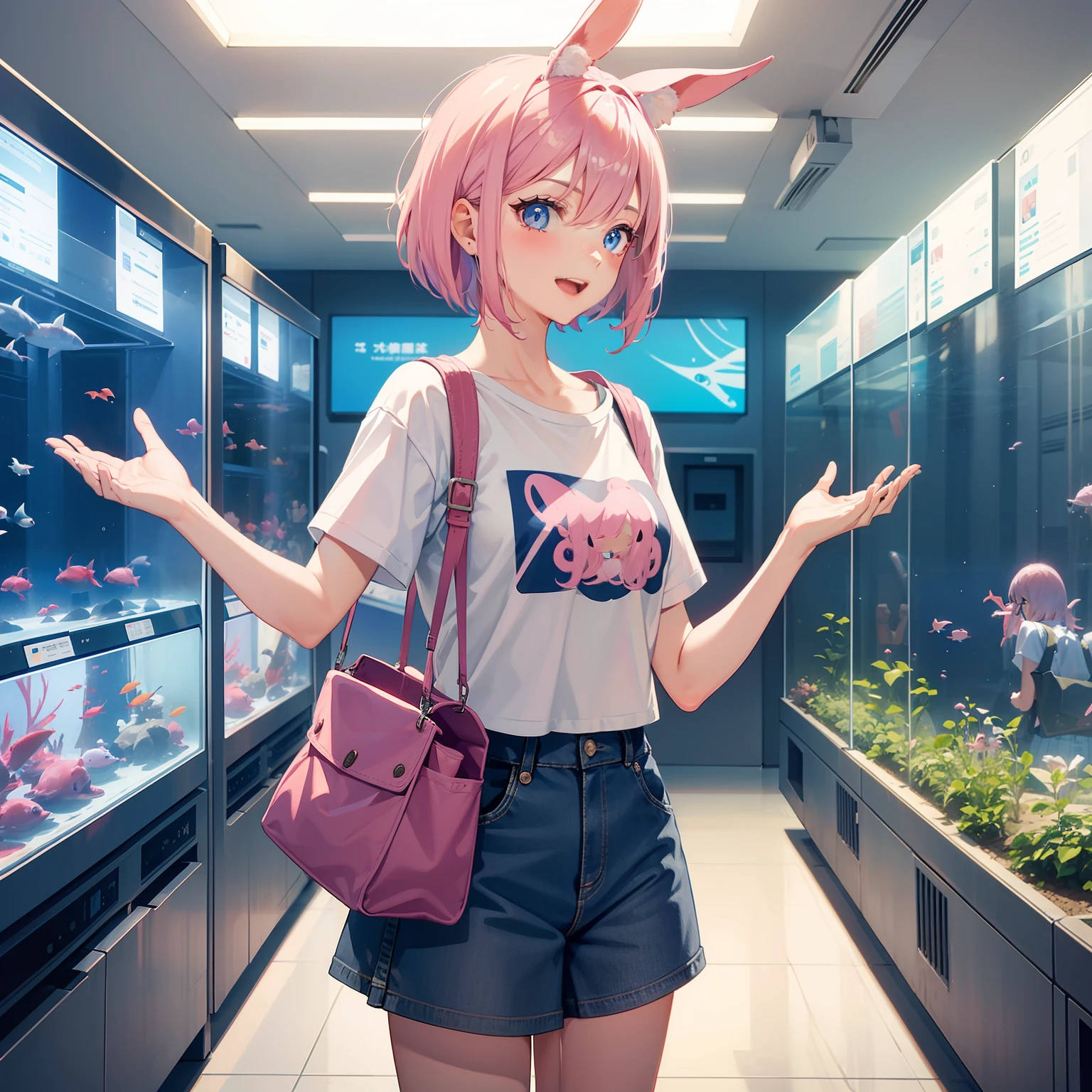(Girls around 20 years old), Solo, (Pink bob hair), Blue eyes, Rabbit ears, Laughing, tshirts, denim skirt, (In the aisles of the aquarium), (View the aquarium), profile, From Side