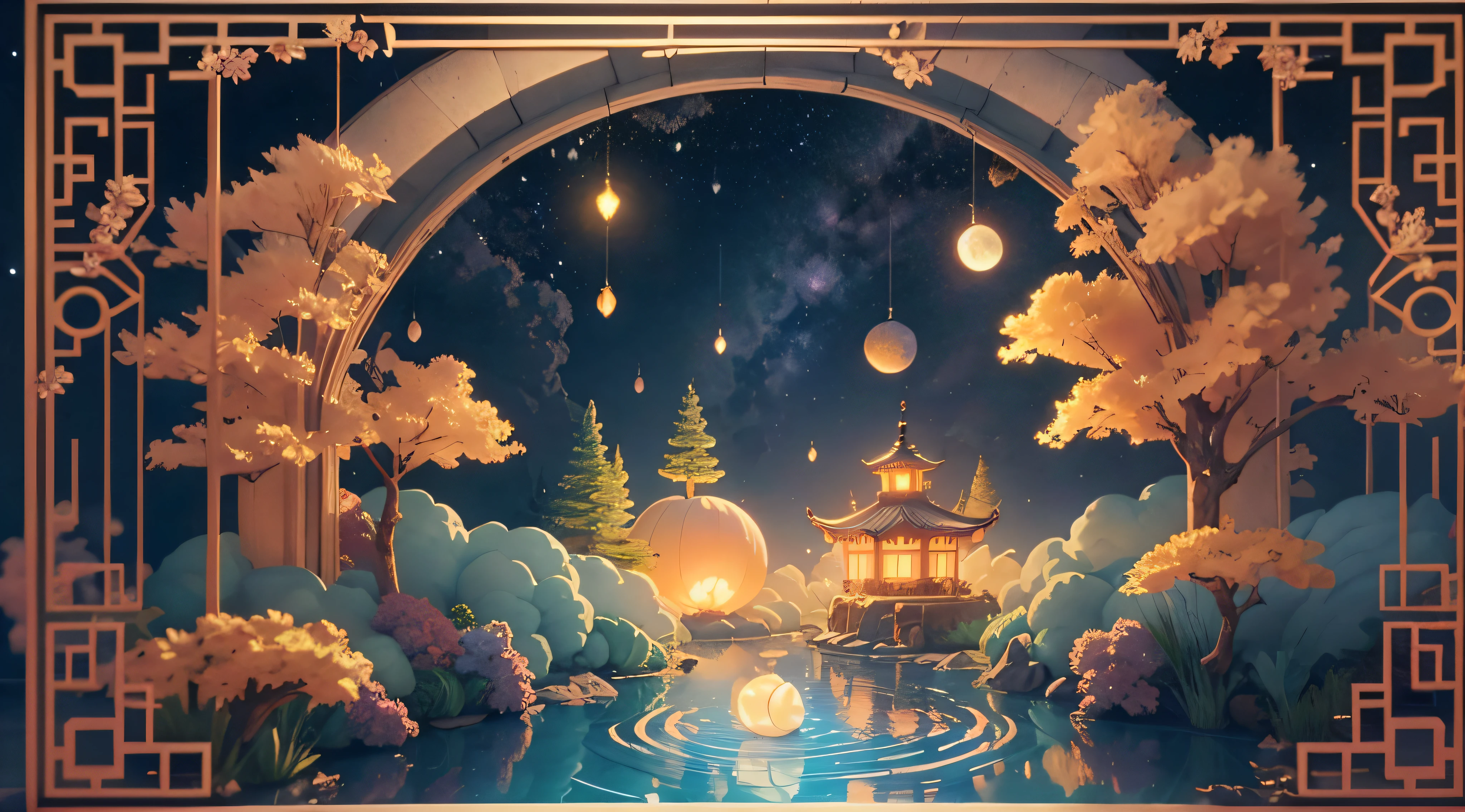tmasterpiece,Best quality at best,(Very detailed CG unity 8K wallpaper),(Best quality at best),(Huge Full Moon、super moon、In the middle of thepicture)、Cloud、aquarelle、lakes、As estrelas、meteors、poster for、Mid-Autumn Festival、(adorable rabbit,Multiple rabbits),(with light glowing),(glowworm),(Particle effect), Isometric 3D, Octane rendering, Ray traching, ultra-detailliert