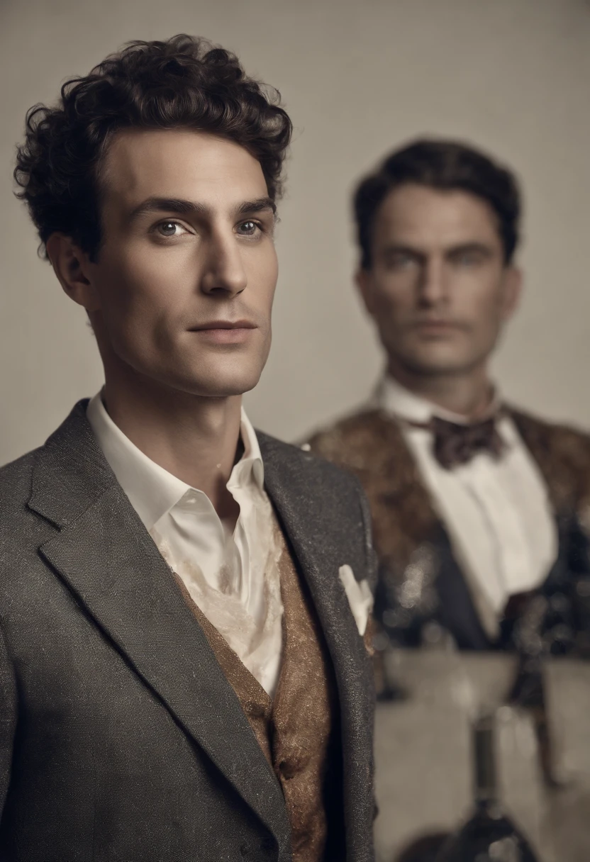 Cinematic photo, Grand angle, of a handsom man, 40 ans, shaven , curly short brown hair. Dark brown tight velvet suit, avec des motifs de fleurs noires. minimalist background, Composition propre, Strong details, muted colors, Hasselblad --style brut