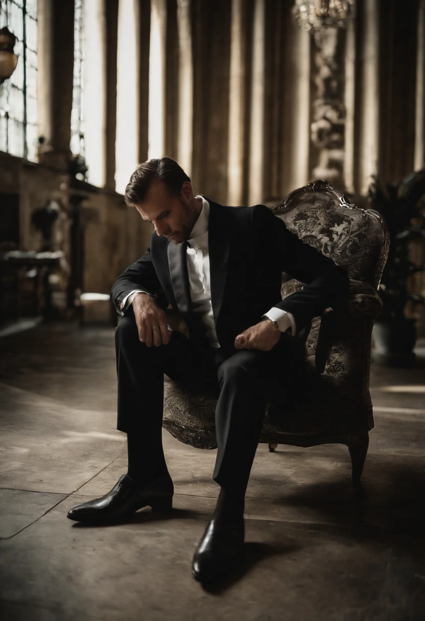 Cinematic photo, Grand angle, of a handsom man, 40 ans, shaven , curly short brown hair. Dark brown tight velvet suit, avec des motifs de fleurs noires. minimalist background, Composition propre, Strong details, muted colors, Hasselblad --style brut