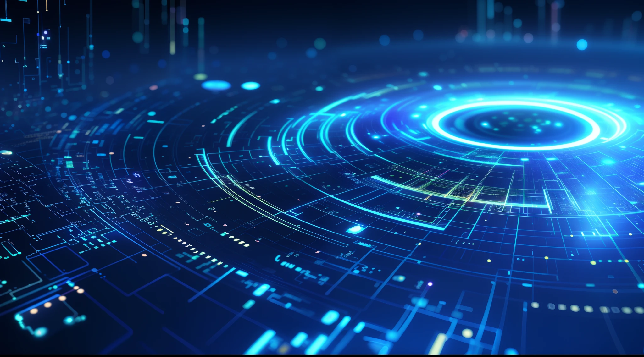 Futuristic blue background closeup with round objects, quantum technology, abstract tech, Digital art, Digital art, blue circular hologram, Cyber architecture, background of digital greebles, Cyber background, fundo futurista, abstract art representing data, a digital rendering, Advanced technology, quantum computing, holographic interface, technologies, cycles4d render, the image is futuristic