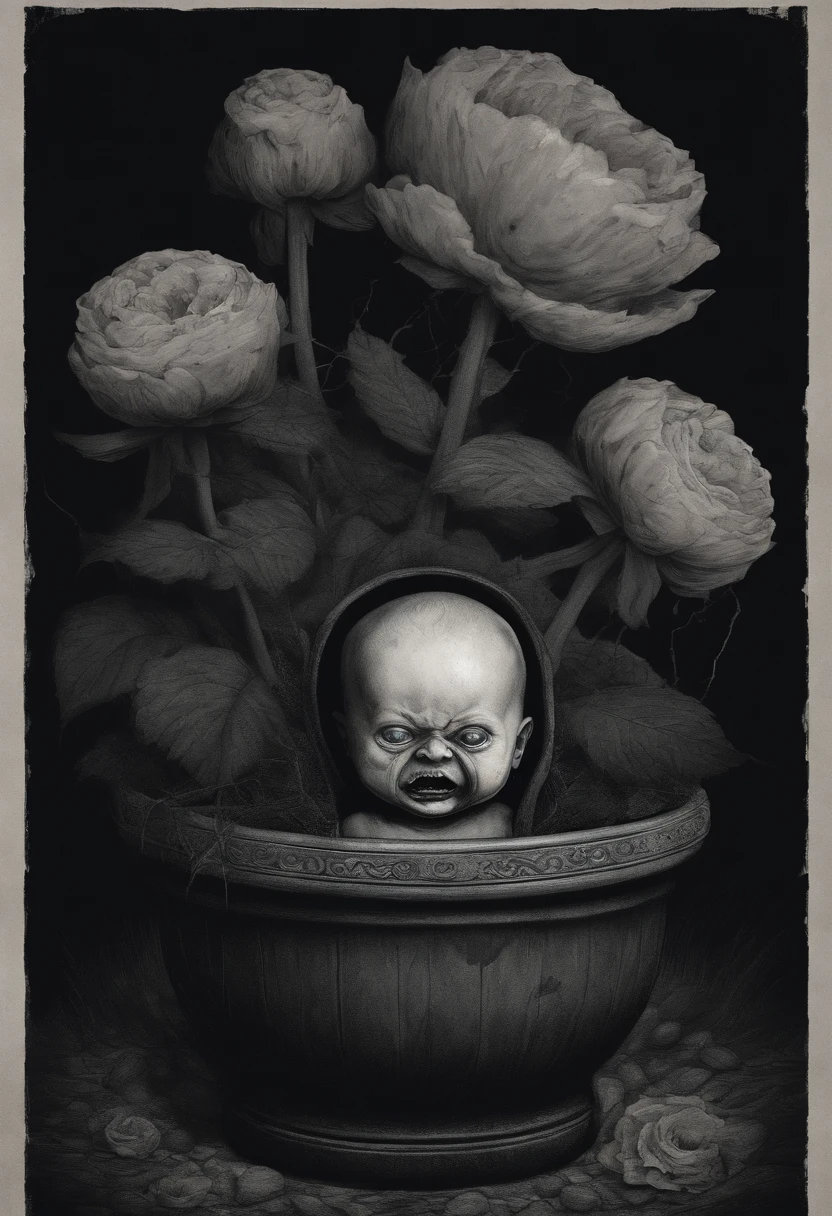 scary picture， human head in a flower pot，No eyeballs，open open mouth，bleed，nigth