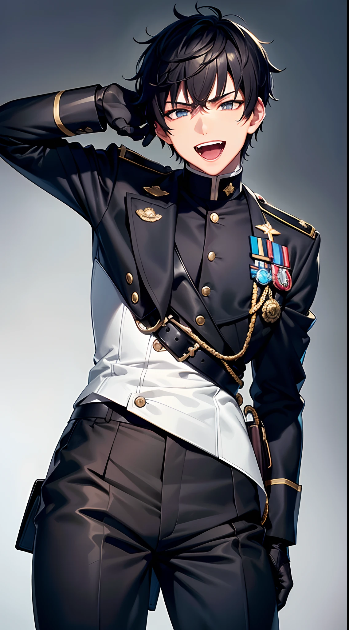 8k, masterpiece, extreme detail, expressive clothing, expressive hair, expressive face, 1male, ager, short hair, laughing, black military officer, black gloves, gray pants, head to thighs