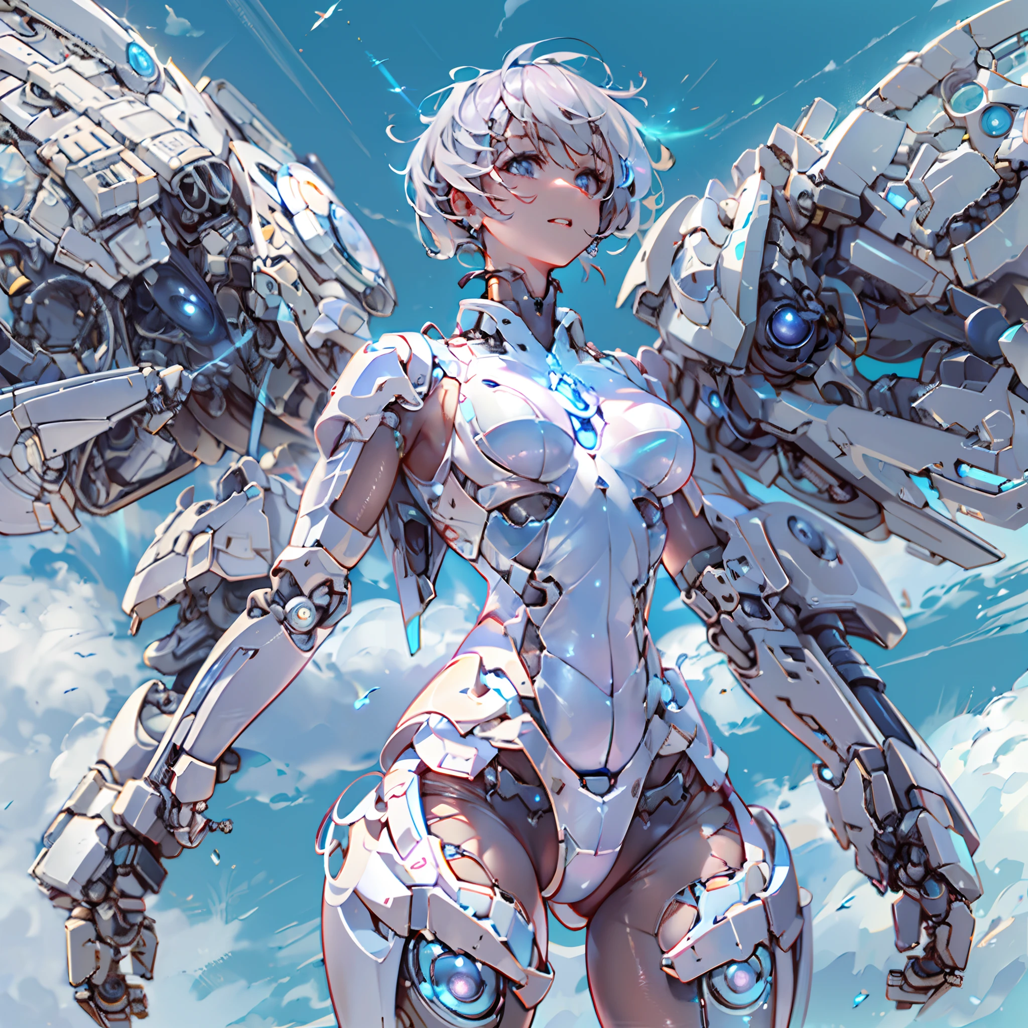 UHD, retina, anatomically correct, textured skin, super detail, best quality, highres(delicate detailed), (intricate details), (cinematic light, best quality Backlights), clear line, from below, solo female，perfect bodies，(1girl),Petite,short hair,grey hair,grey eyes,bob head,(mechanical angel:1.4),(Projection light wing:1.3),mechanicalparts,White body paint,mecha musume,fusion mecha,mecha,(Bionic machinery(Dove):1.3),the sky background,(with blue sky and white clouds:1.3)