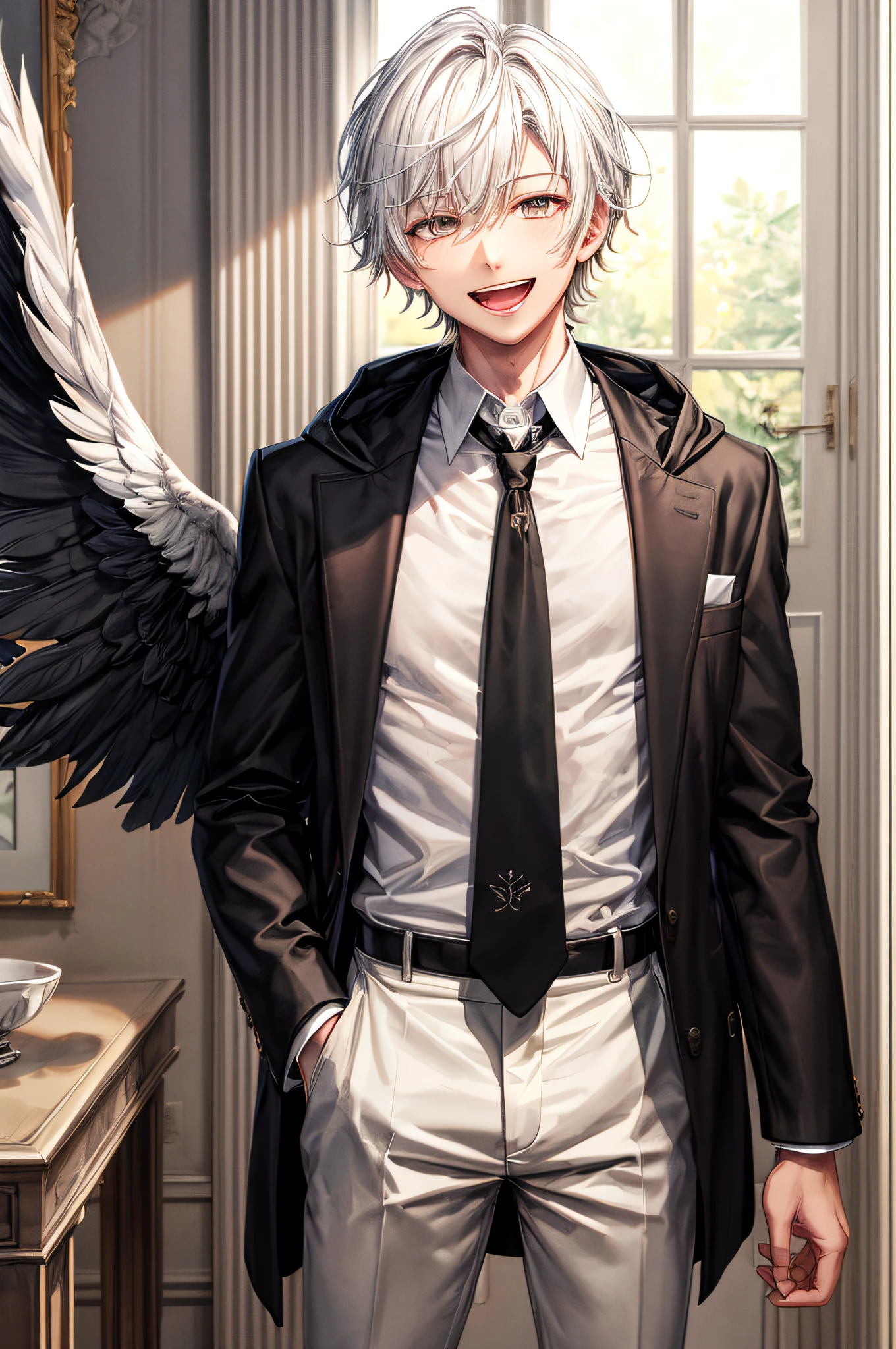 best quality,masterpiece,original,extremely detailed wallpaper,looking at viewer,1boy,male focus,solo,laughing,happy,white hair,hood,white school uniform, black necktie, black pants, feathered wings,