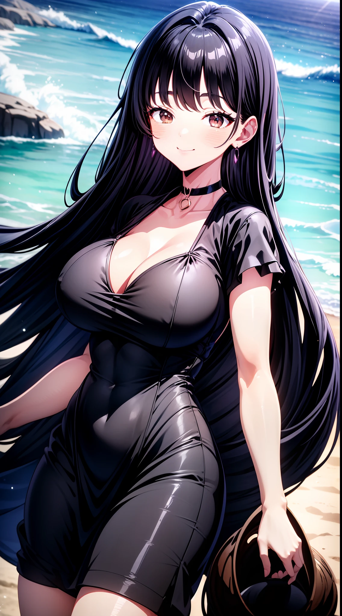 8k, highres, ultra detailed, (masterpiece:1.4), best quality, symmetrical body, (black weighless dress:1.4), choker, cute, solo, earrings long hair, dark purple hair, Brown eyes, glow effect, finely eye, wide smile, detailed face, looking at viewer, smilling at viewer, on the beach, angled view, medium size breasts