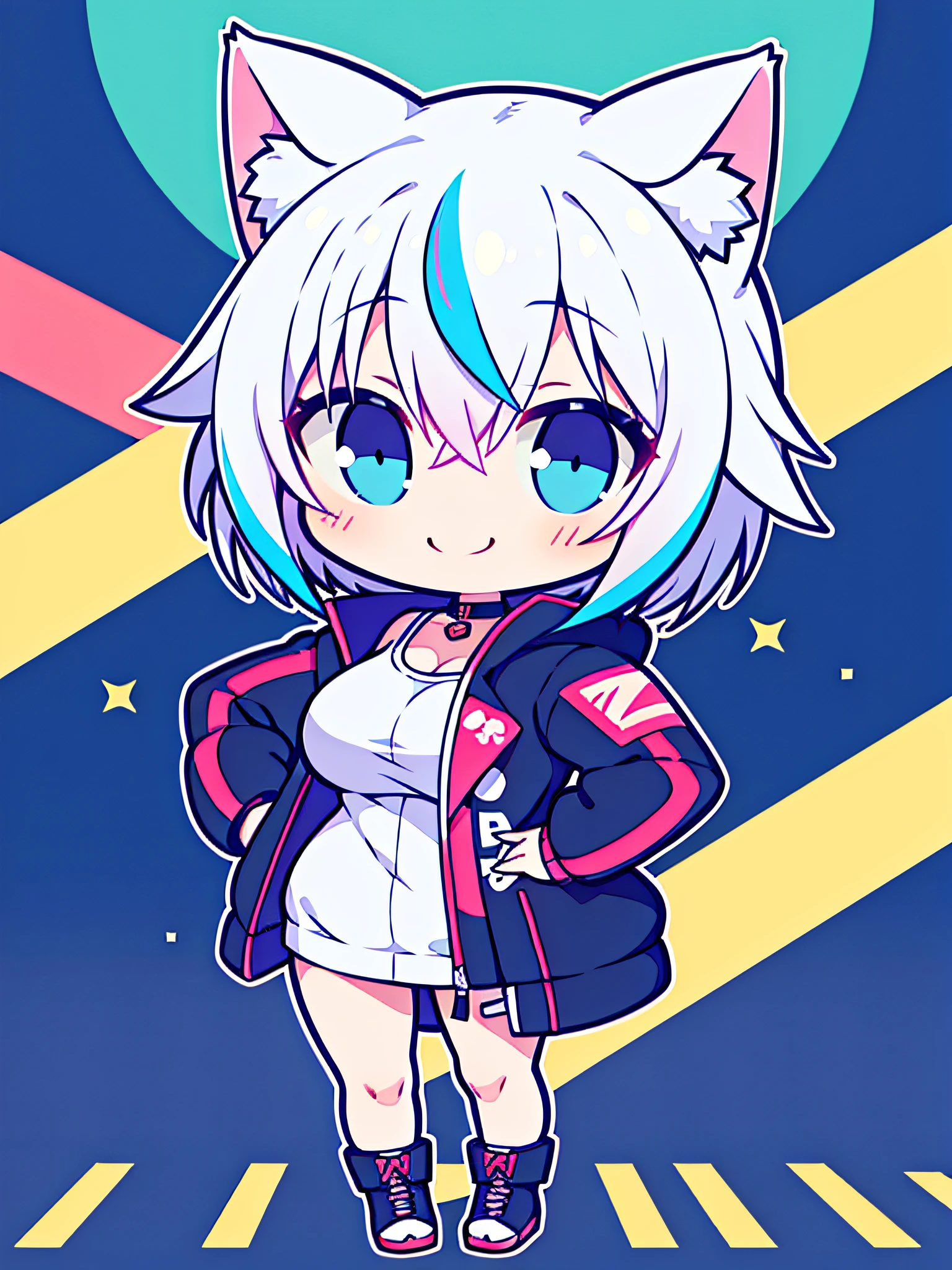 the anime character is fully dressed in very warm and sexy outfit, oversized jacket, 1girl, solo, multicolored pastel hair, blue eyes, virtual youtuber, cat ears, streaked hair, white hair, breasts, smile, short hair, expressive, body suit, neon, cyberpunk, perfect face, high res, ultrasharp, 8K, masterpiece, looking at viewer, chibi, kawaii, full body