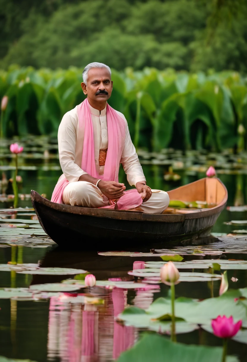 there is a man in a boat in a field of water lillies, pink lotus queen, lotus pond, standing gracefully upon a lotus, stunning visual, lotus flowers, standing on a lotus, beautiful image, sitting on a lotus flower, stunning image, lotus, lotuses, with lotus flowers, stunning sight, very beautiful photo, assamese aesthetic