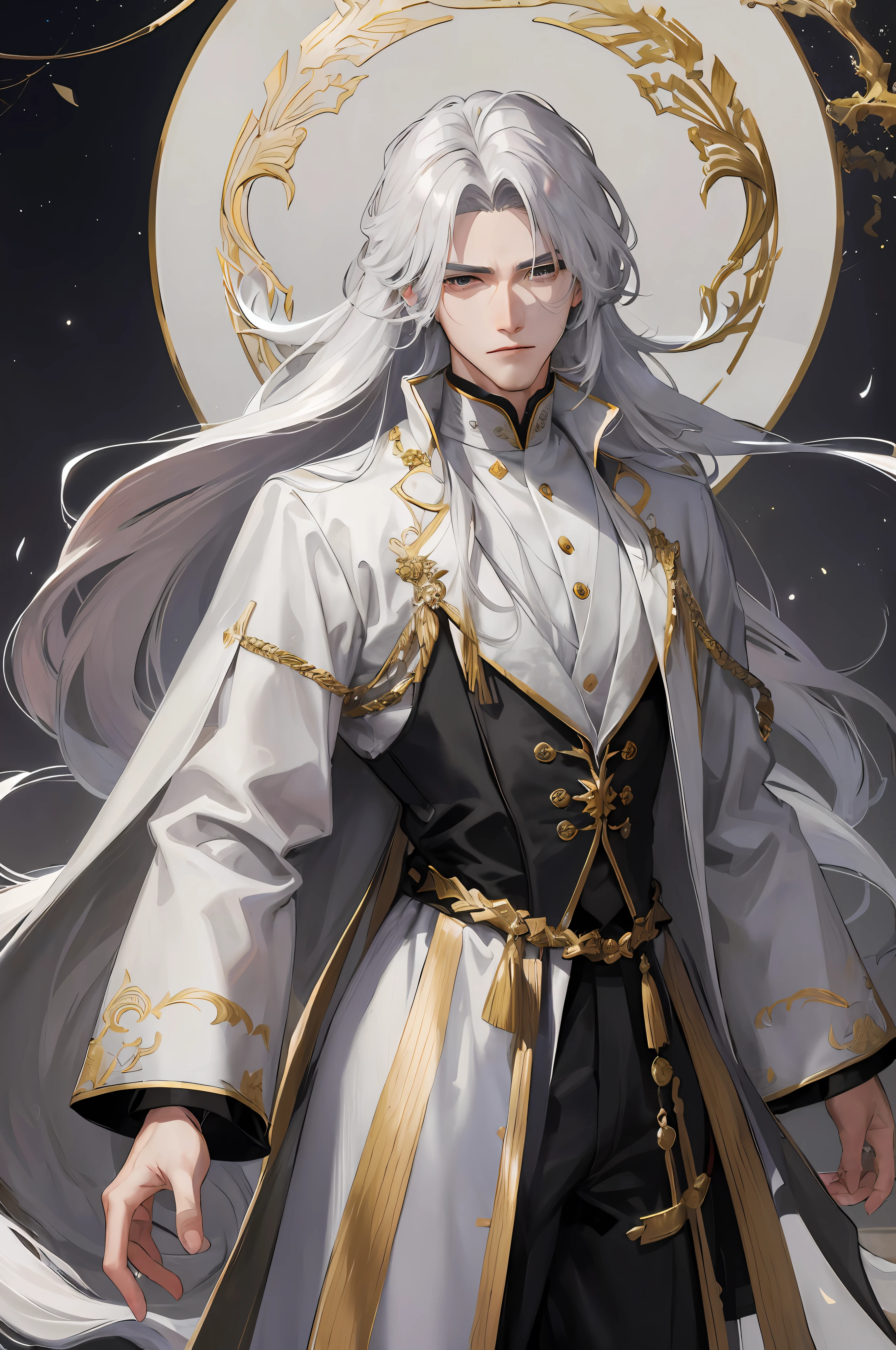 masterpiece, best quality, night, full moon, single man, gray hair, black eyes, black eyes, split hair, long hair, long hair, long hair, long hair, long hair, masculine, serious, gentle, tall, calm, white silk clothes, gold pattern, dragon pattern road, prince, universe, nature, muscle