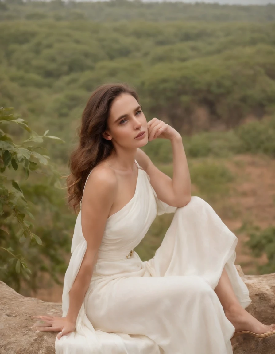 girl wearing a simple long white dress sitting on rock, eye-catching resin jewelry, dark gold and light beige, pastoral settings, raw authenticity,, art of the ivory coast