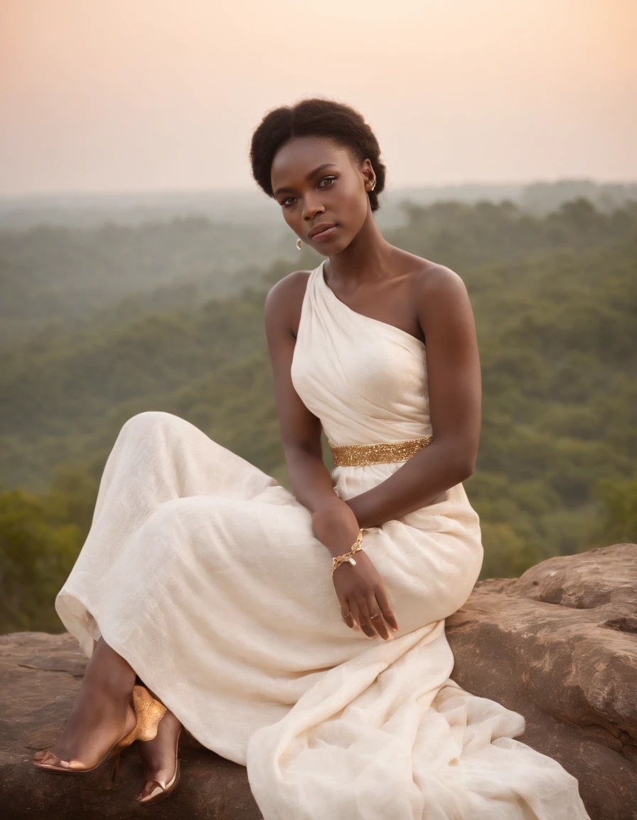 girl wearing a simple long white dress sitting on rock, eye-catching resin jewelry, dark gold and light beige, pastoral settings, raw authenticity,, art of the ivory coast